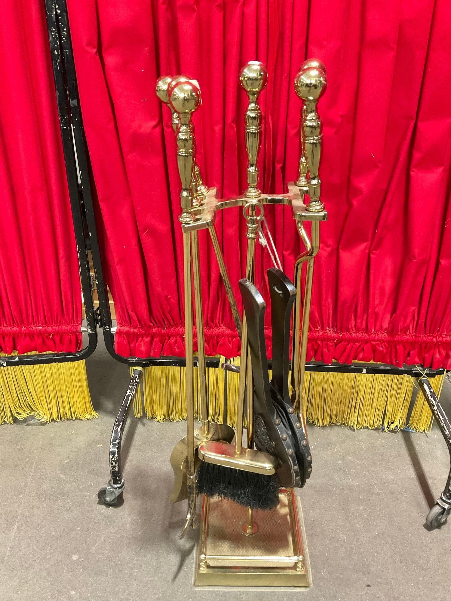 Vintage Brass Fireplace Poker Stand w/ 6 Tools. Bellows, Tongs, Poker, Pry-bar, Shovel & Brush. See: Vintage Brass Fireplace Poker Stand w/ 6 Tools. Bellows, Tongs, Poker, Pry-bar, Shovel & Brush. Stand holder is bent, could be fixed. Pieces have wear indicative of age, condition is otherwise fai