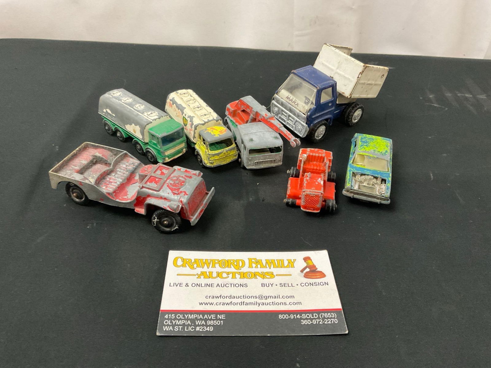 Vintage Die Cast Cars, Matchbox by Lesney no 25, 30, 32, 53, 58, Marx Dump Truck, Cast Metal Jeep (1 of 6)