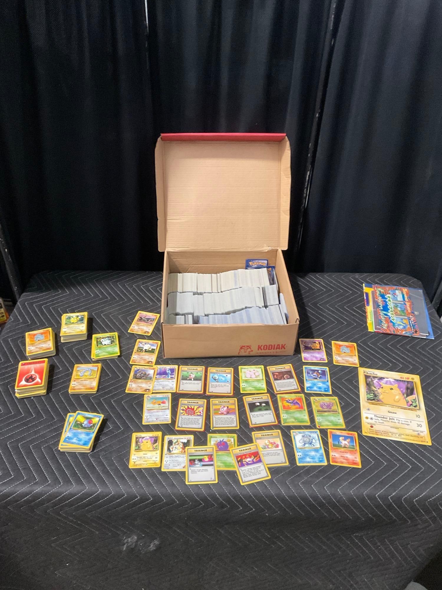 2000+ Vintage 90's Pokemon Cards - Mainly 1999- incl. Large Pikachu Card - See pics: In good condition. No real standout problems with condition. Left unsleeved ~ around Lightly - Moderately Played Throughout. Contains trainers & energies aswell. T-2820
