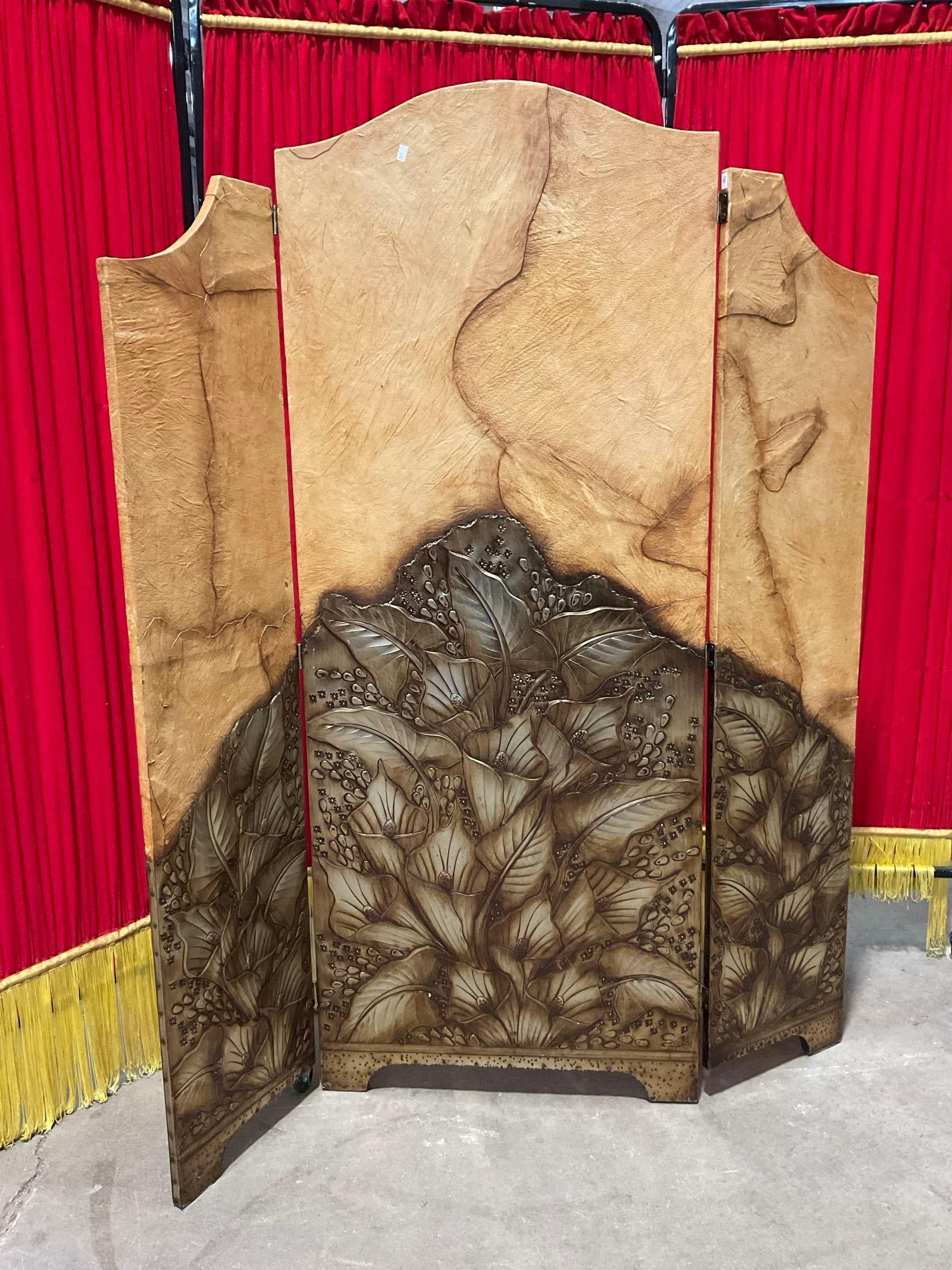 Vintage Embossed Tin? & Tan Leather Folding Room Divider Screen w/ Peace Lily Design. See pics. (1 of 7)