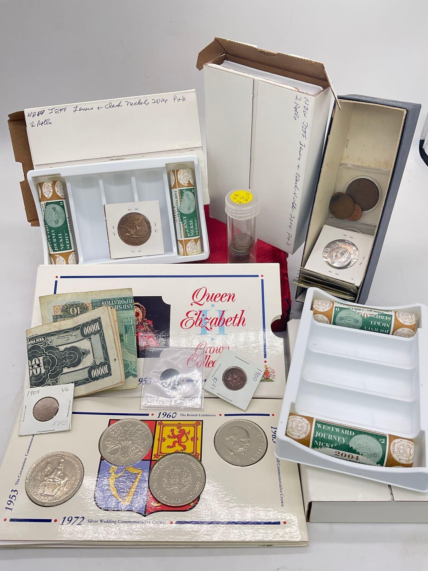 Collection of coins & currency both foreign & American Including 3x sealed US Mint Sets Nickle's (1 of 4)