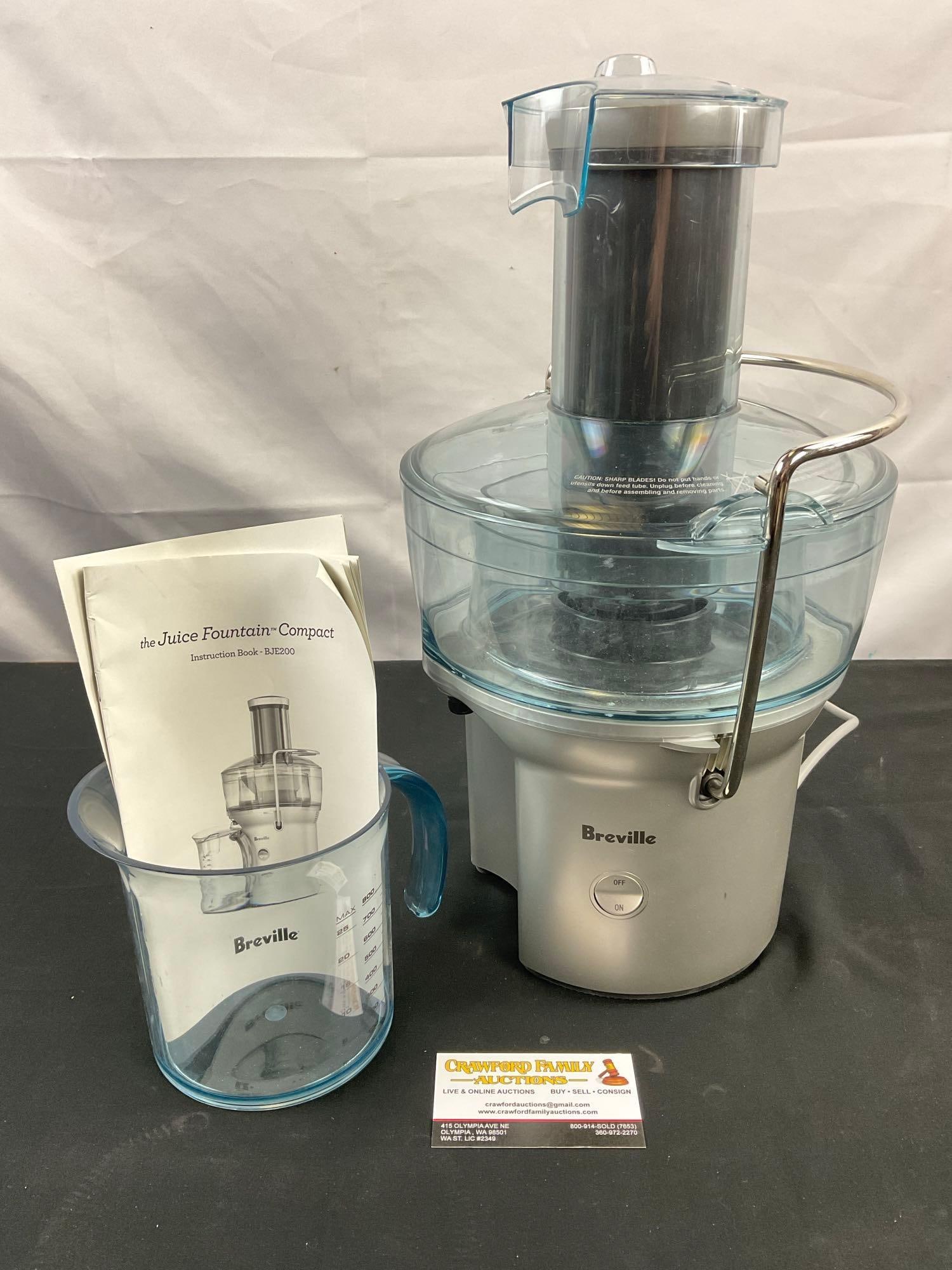 Breville Juice Fountain Compact Electric Juicer Model BJE200. Gently Used. Tested, Works. See pics.: Breville Juice Fountain Compact Electric Juicer BJE200. Tested, Works. Looks gently used, minor surface stains, condition is otherwise fair to good. Includes measuring cup & instructions. Measures