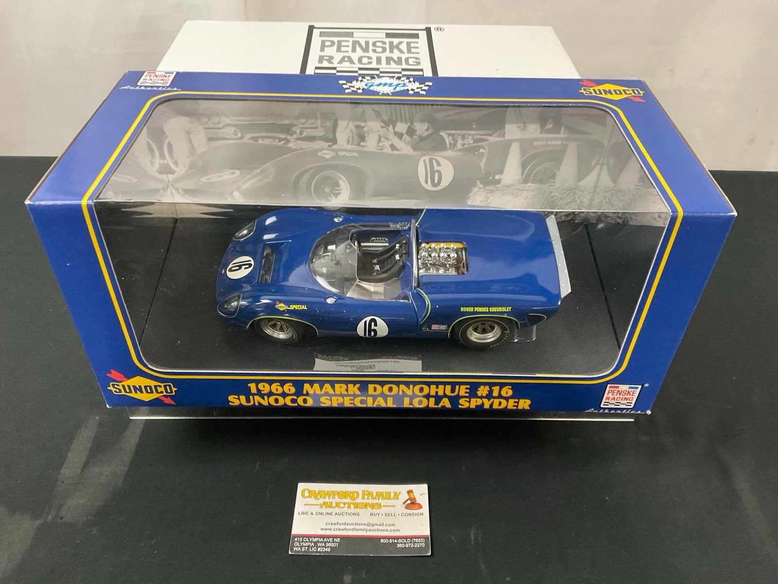 Penske Diecast Car model, 1966 Mark Donohue #16 Sunoco Special Lola Spyder 1:18 Scale 1 of 3504: Appears to be in good shape. The main box is enclosed in another box that some small wear. See pics. E-2990