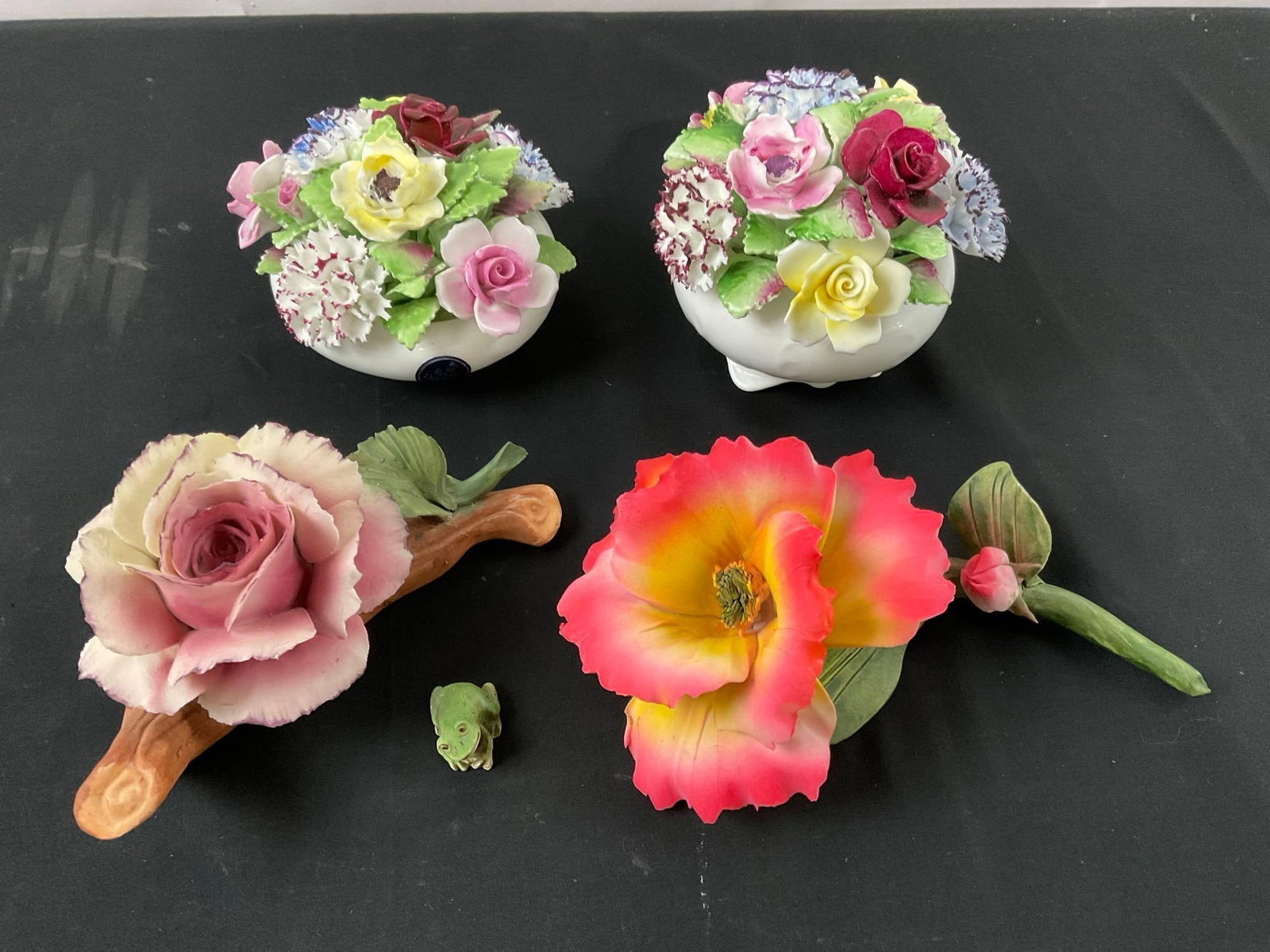 2x Royal Doulton Bone China Floral, pair of Capodimonte Porcelain Flowers: One is marked Albertini Collection, Capodimonte. Very fragile. Appears to be in good shape, especially for older fragile pieces. See pics. E-2770