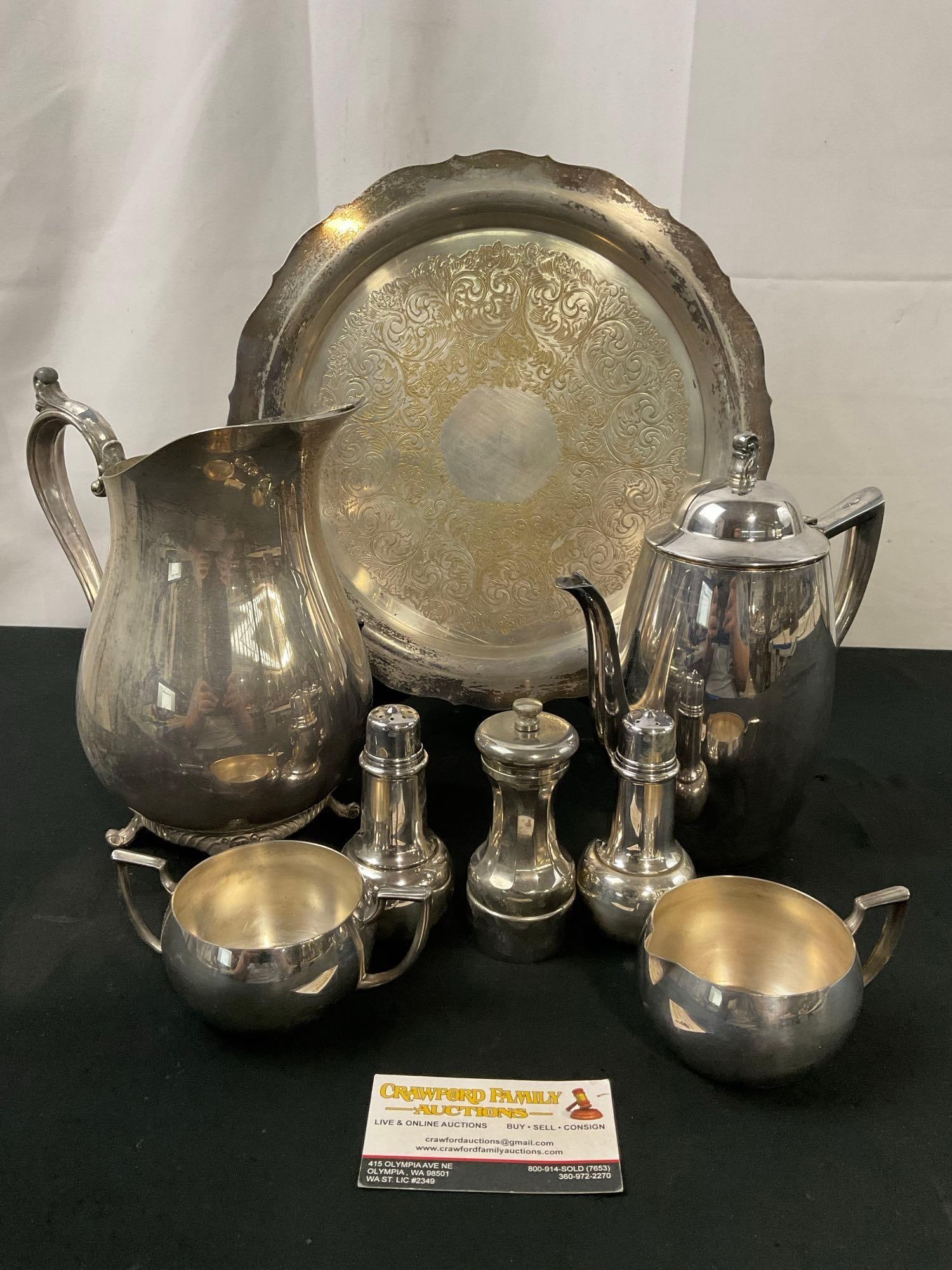 Oneida Silverplate cream, sugar, s&p shakers, teapot and plate & W.M. Rogers silverplated Pitcher (1 of 12)