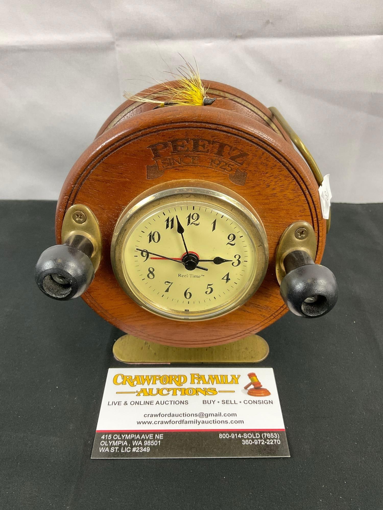 Peetz Fisherman's Alarm Clock Housed in Mahogany Fishing Reel. Tested, Working. See pics. (1 of 4)