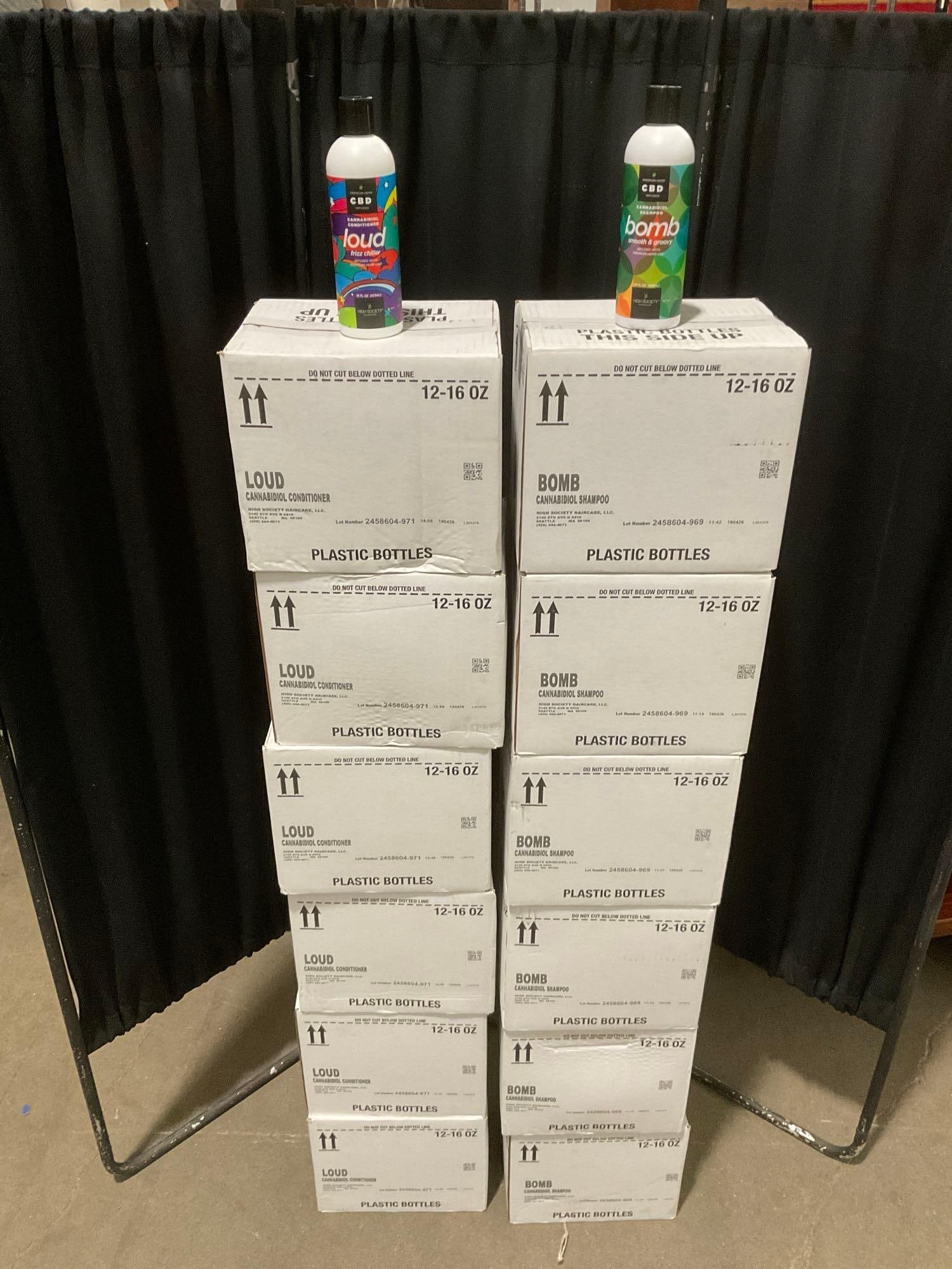 144 16oz Bottles of High Society Haircare CBD Infused Shampoo & Conditioner - Loud & Bomb NIB: NO SHIPPING. Meets WA state % THC requirement for legal CBD canabanoid products sold locally. NO SHIPPING LOCAL PICKUP ONLY All new in boxes - opened 1 box for photos. See pics. T-2960