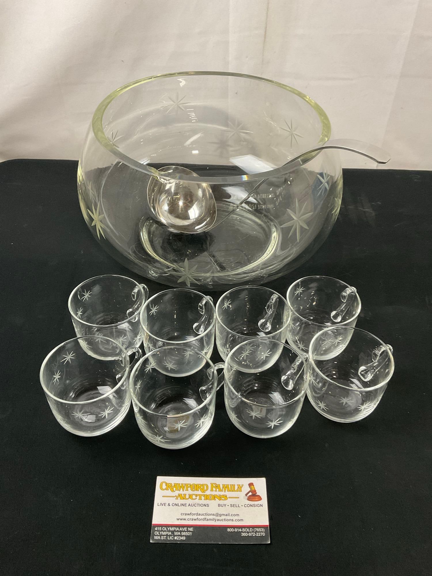Large Vintage Cut Glass Punch Bowl w/ 8 Hand Blown Cups, and Ladle (1 of 6)