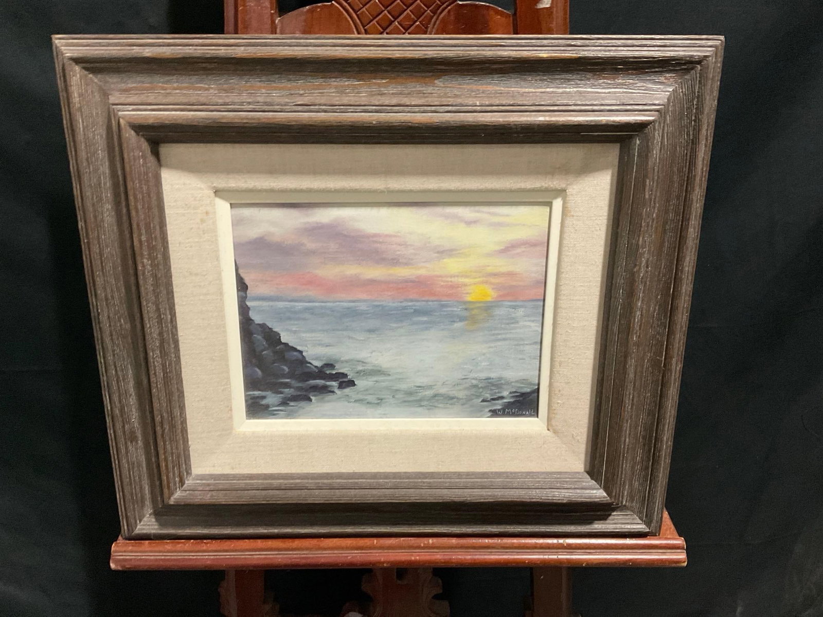 Framed Oil on Canvas, Coastline during Sunset, Signed by artist W. McDonald: Appears to be in good shape. Signed in the lower right corner. The outside dimension are measures approx 18.25 x 22.5 inches. See pics. E-2717