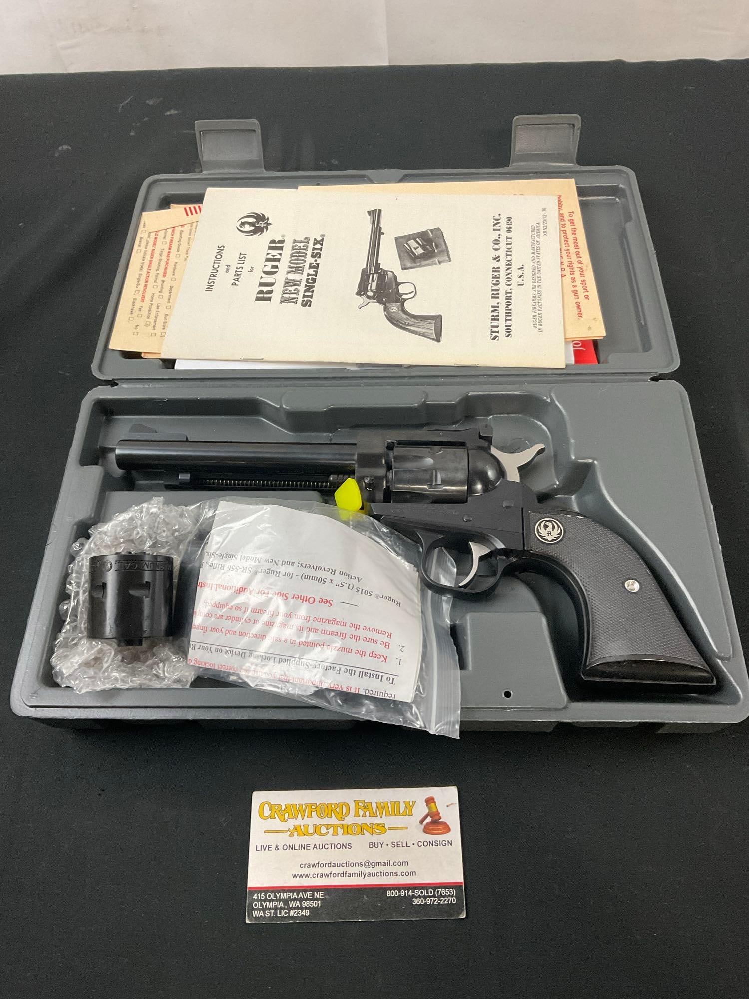 Ruger New Model Single-Six .22 Cal Revolver, w/ LR & Magnum Cylinders, SN:265-71765 FFL: SN:265-71765. Appears to be in good shape. The total length is about 9.5 inches. The barrel is 5.25 inches. See pics. E-2930 Msrp $830.00 Aprox 2014 model