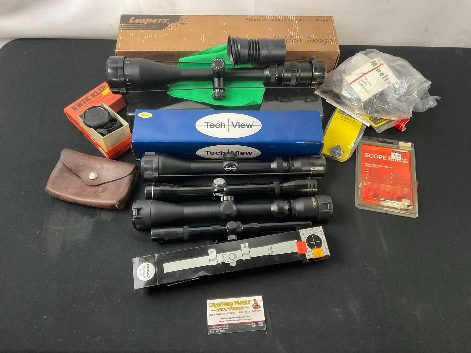 Assortment of 5 Rifle Scopes, incl. Tech View 3-9 x 50, Leapers Golden Image 6-24x50 A.O & more: Appears to be in good shape. Three have the original boxes. Shows a nice objective through the scopes, which is hard to see on camera. See pics. E-2616