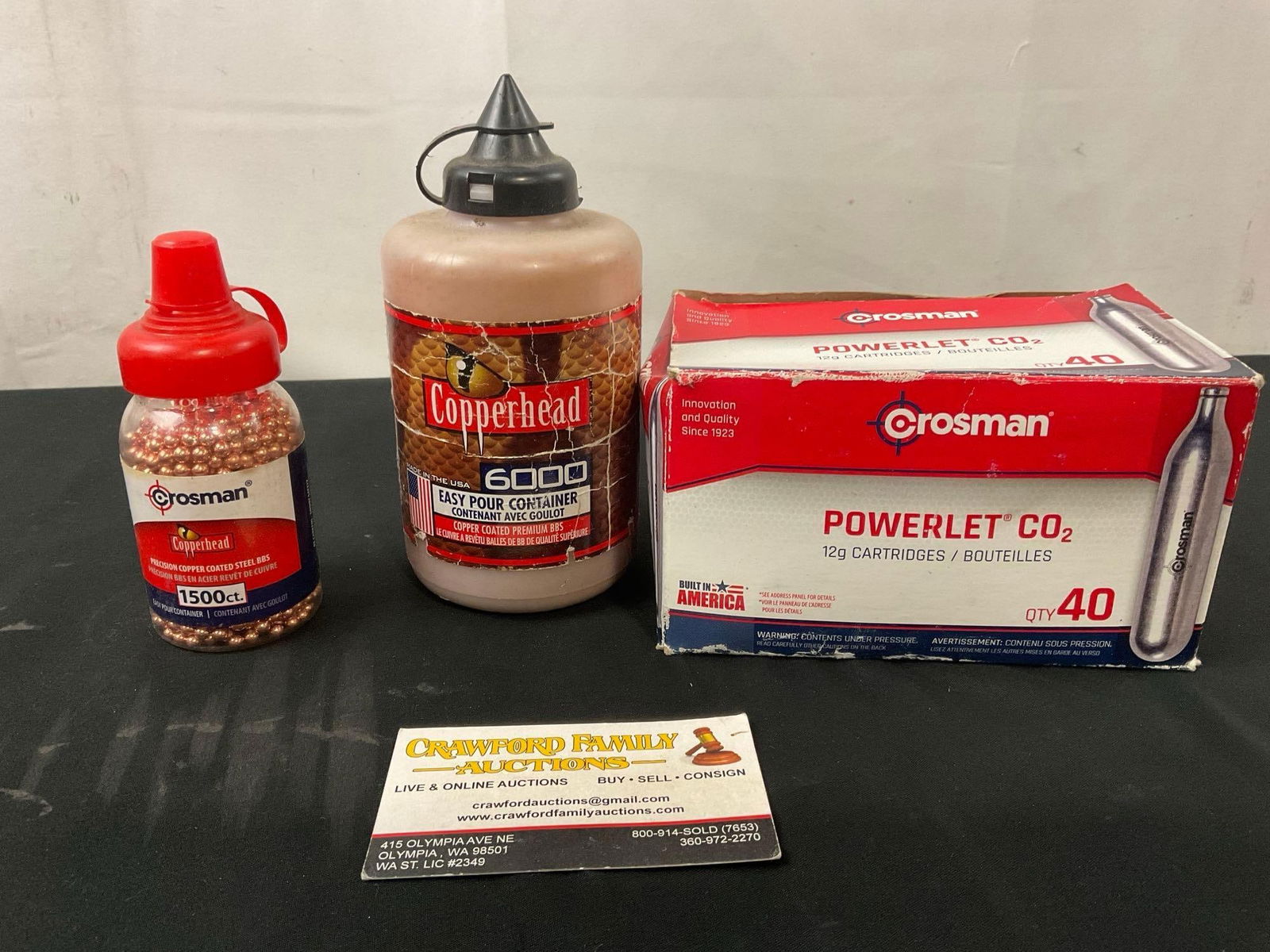 Roughly 6000 Crosman & Copperhead Copper Coated BBs & 19 Crosman Powerlet Co2 Cartridges: Appears to be in good shape. The cartridges likely cannot be shipped by plane, so please consider local pickup. See pics. E-2701