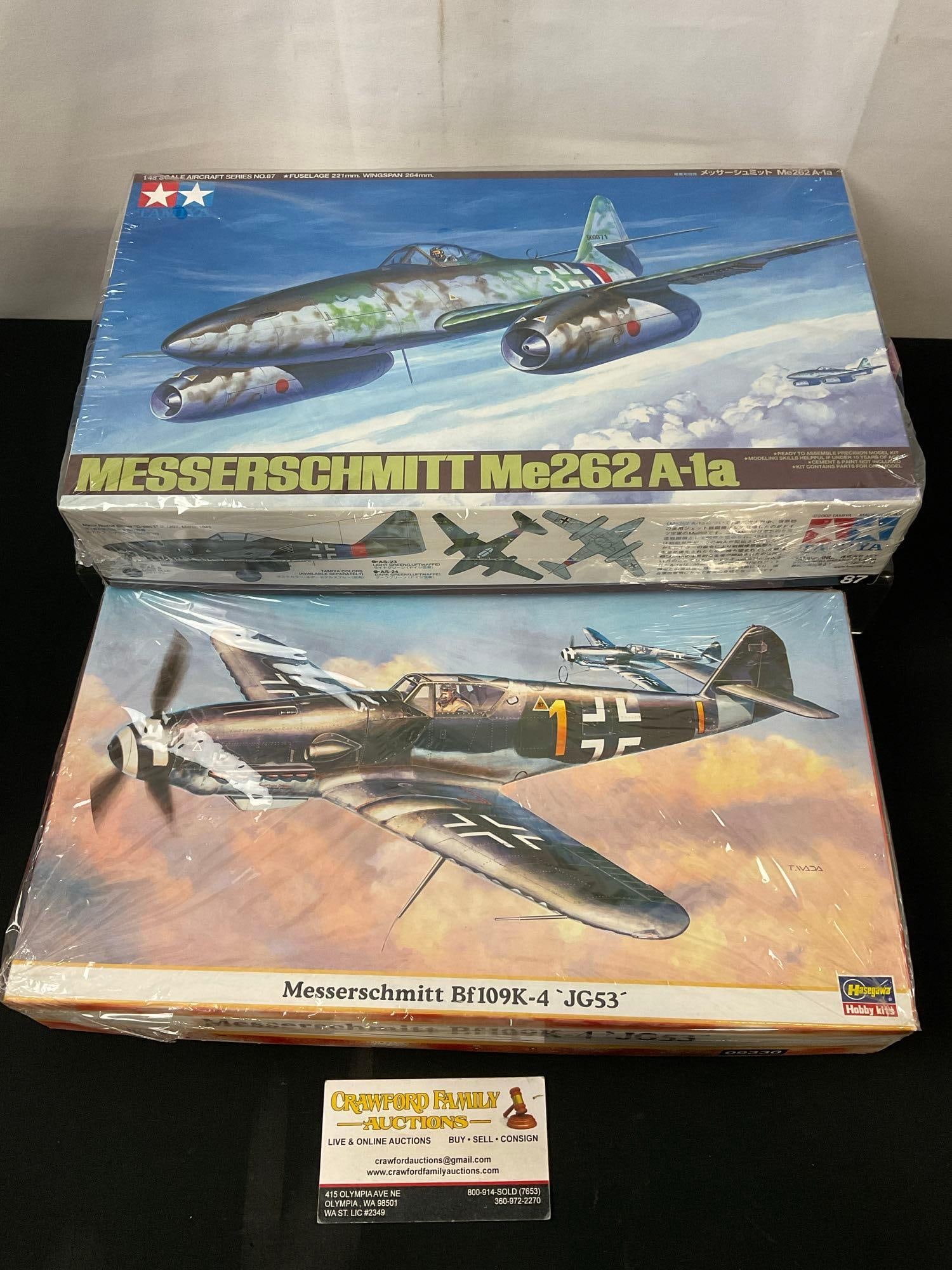 Pair of Japanese Messerschmitt Plane Models, Tamiya ME262 A-1a & Hasegawa Bf109K-4 JG53: Appears to be in good shape. Seems to include all of the pieces, sold as is. In the original packaging. See pics. E-2990