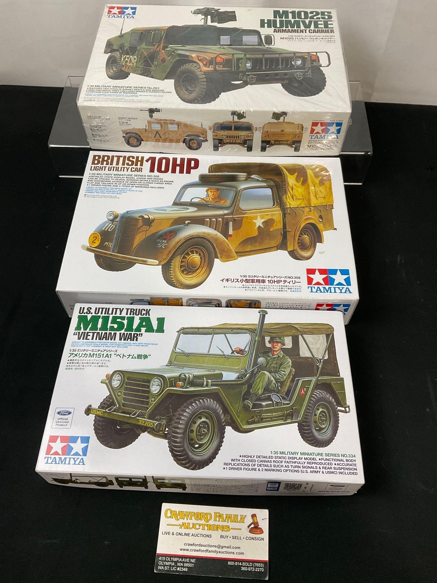 3x Tamiya Military Vehicle Model Kits, M1025 Humvee, British 10HP LU Car, M151A1 Vietnam War (1 of 7)