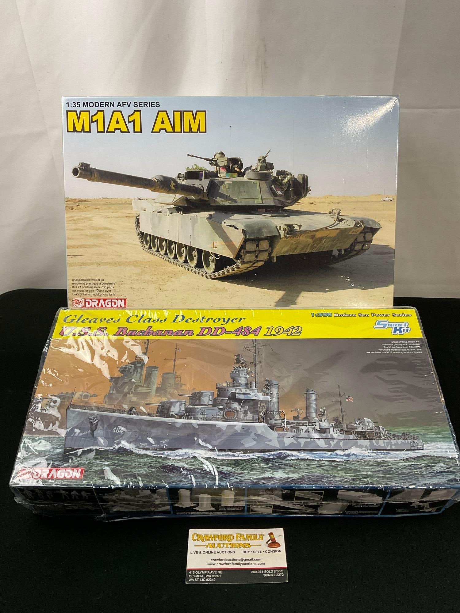 Pair of Dragon brand Military Model kits, M1A1 AIM Tank, USS Buchanan DD-484 Gleaves Class Destro...: Appears to be in good shape. Seems to include all of the pieces, sold as is. In the original packaging. See pics. E-2990