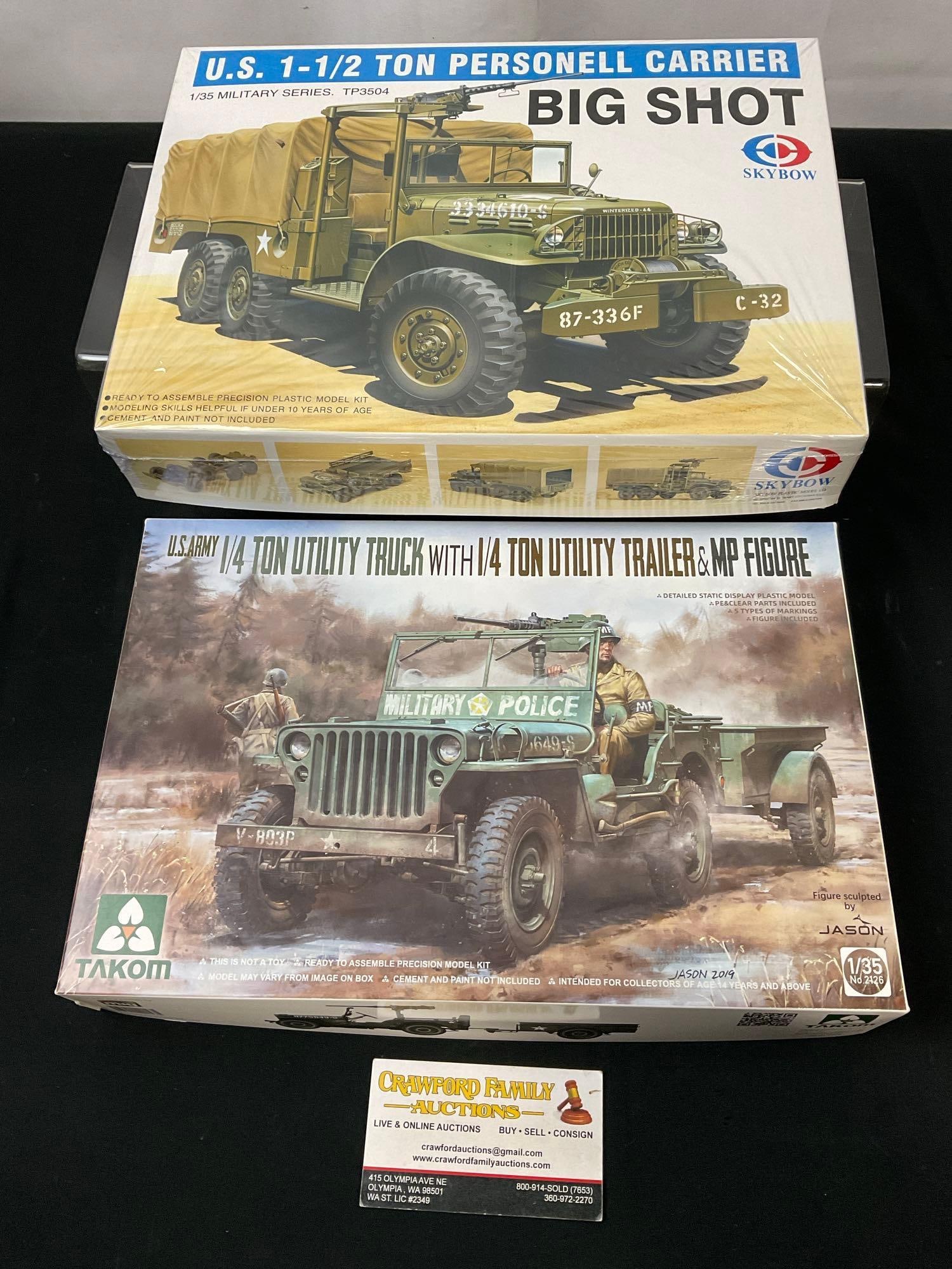 Takom 1/4 Ton Utility Truck Jeep & Skybow 1-1/2 Ton Personnel Big Shot 1/35 Scale: Appears to be in good shape. Seems to include all of the pieces, sold as is. In the original packaging. See pics. E-2990