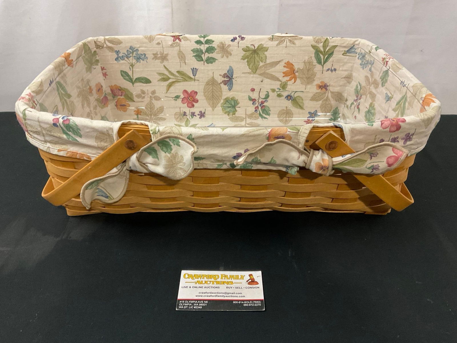 2004 Signed Longaberger Picnic Basket, w/ handles, floral fabric & plastic lining, 19 inches long (1 of 6)