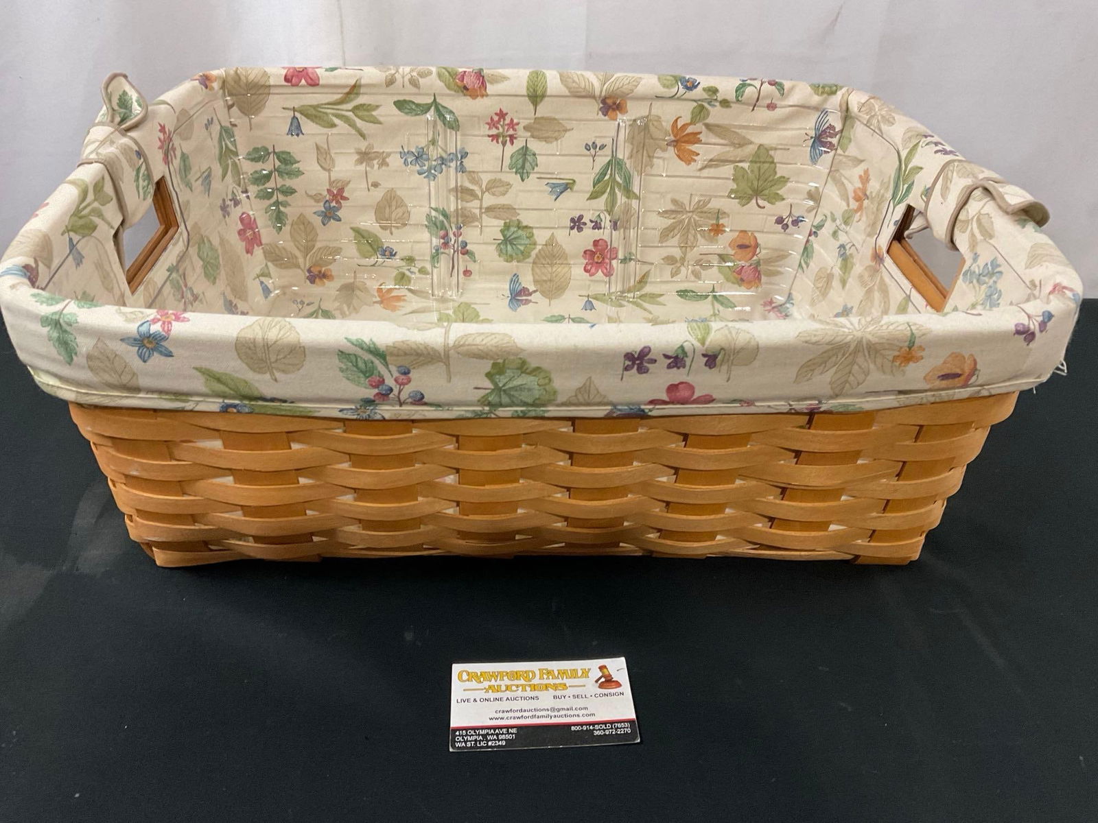 2006 Signed Longaberger Basket, w/ floral fabric & plastic lining, 21.5 inches long (1 of 5)