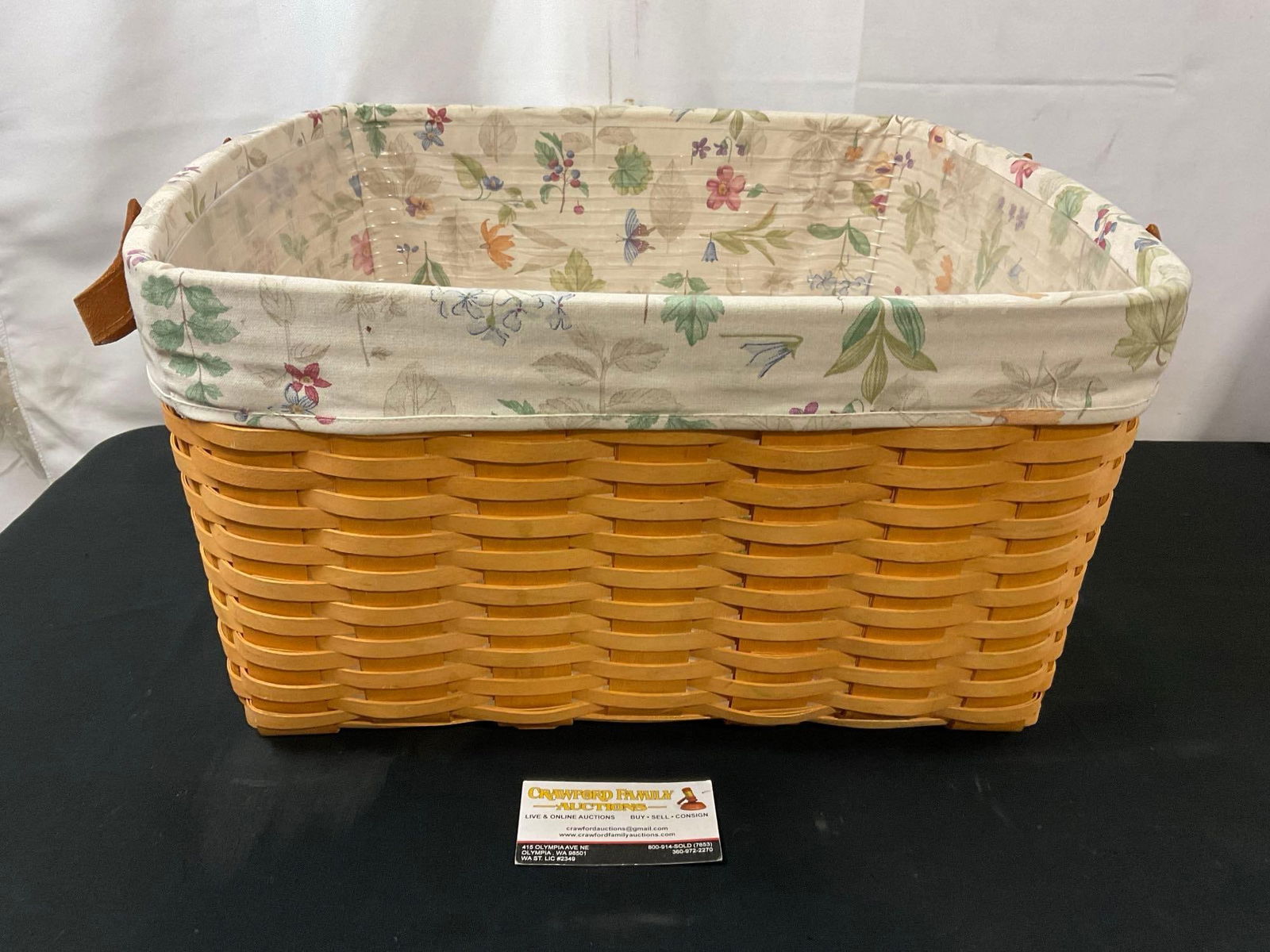 Vintage 2001 Signed Longaberger Basket w/ Floral fabric and plastic lining, 19 inches wide (1 of 5)