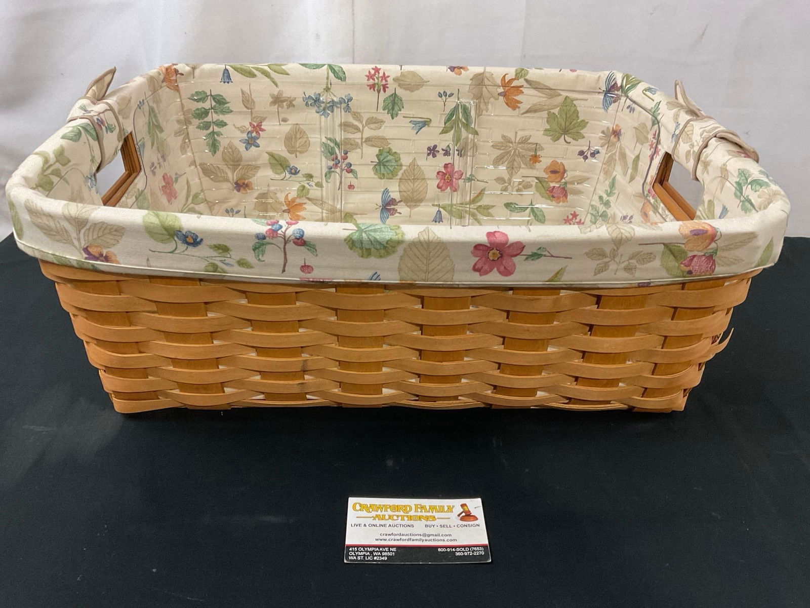 2006 Signed Longaberger Basket, w/ floral fabric & plastic lining, 21.5 inches long (1 of 5)