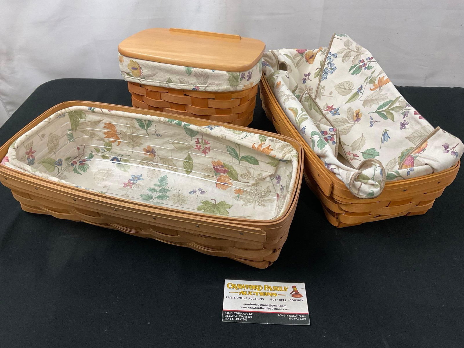 Trio of Longaberger Signed Baskets, Bread Basket w/ brick, and two others, w/ Floral cloth & plas... (1 of 10)