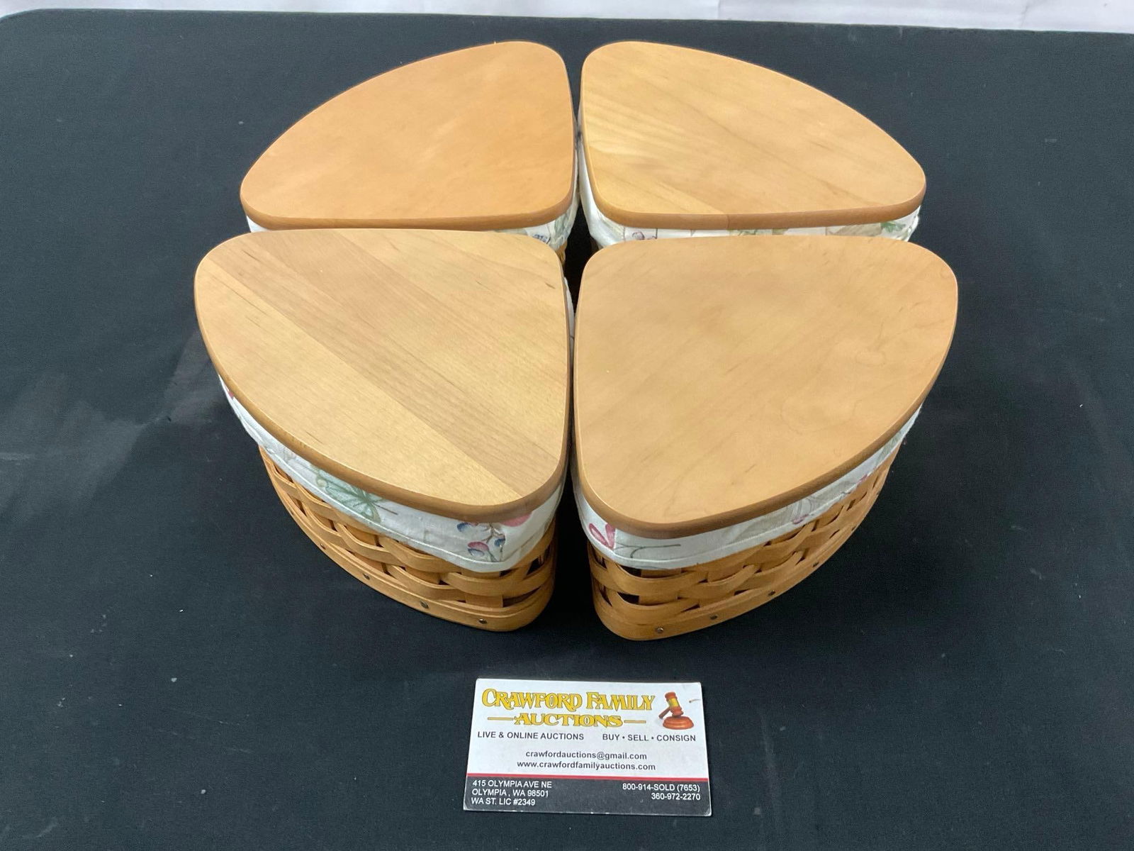 4x 2005 Triangular Longaberger Baskets w/ Lids, sealing containers, fabric liners, 2 signed (1 of 5)