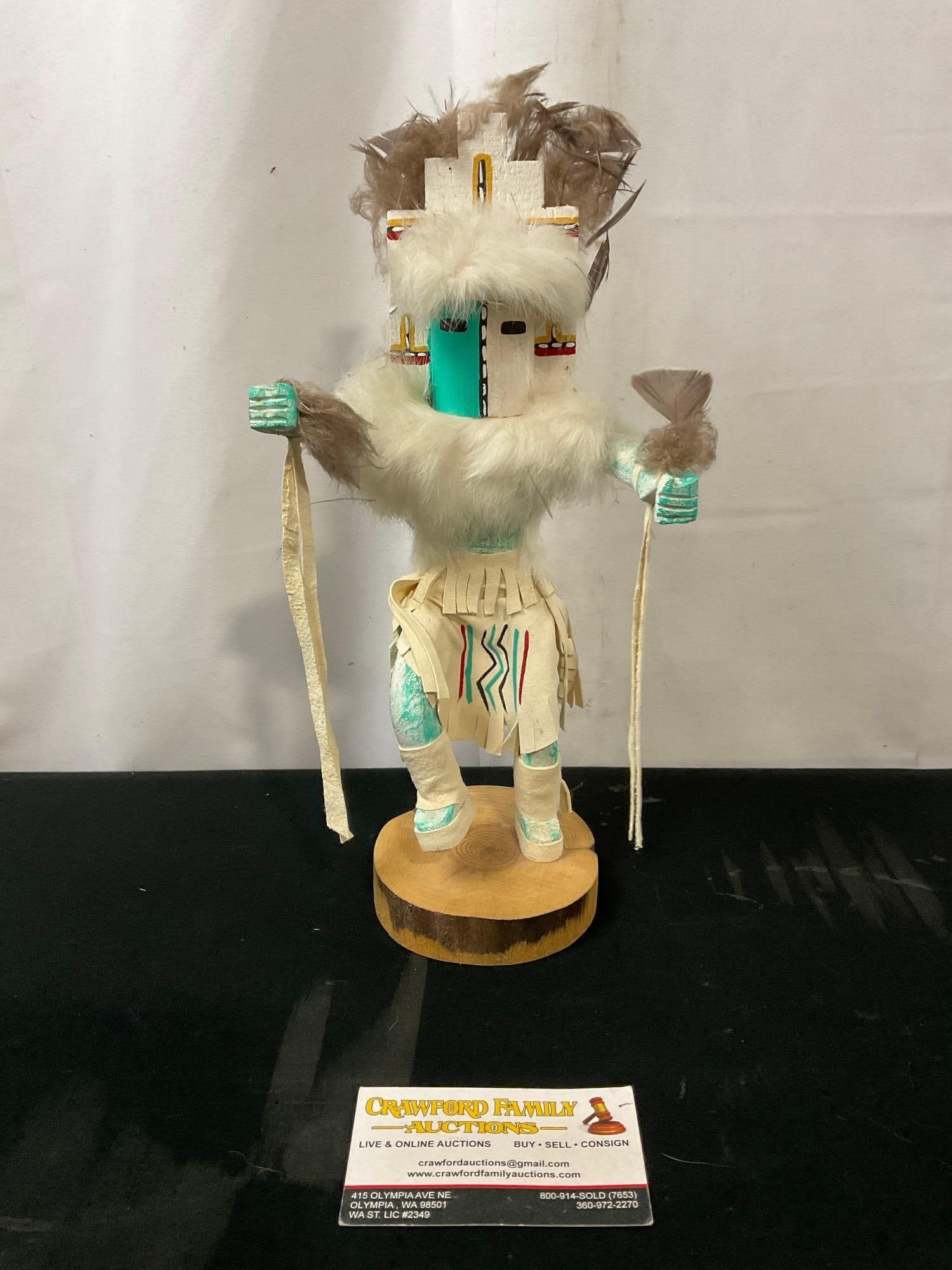 Native American Made Kachina Doll, Signed by Brenna John, White / Mint in color: Signed on the bottom Hemis 421.832 Brenna John. Appears to be in good shape. The piece measures approx 12.5 inches tall. See pics. E-2760