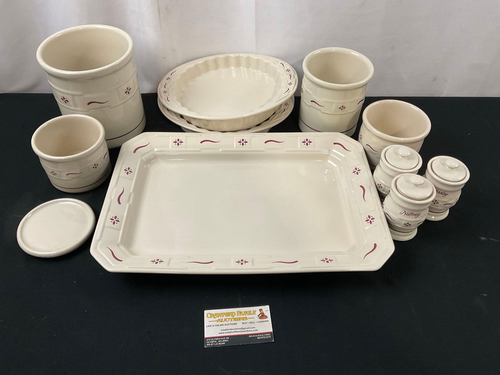 Longaberger Pottery, 11 pieces, spice jars, containers, platter, and 2 pie pans, cream w/ maroon (1 of 8)