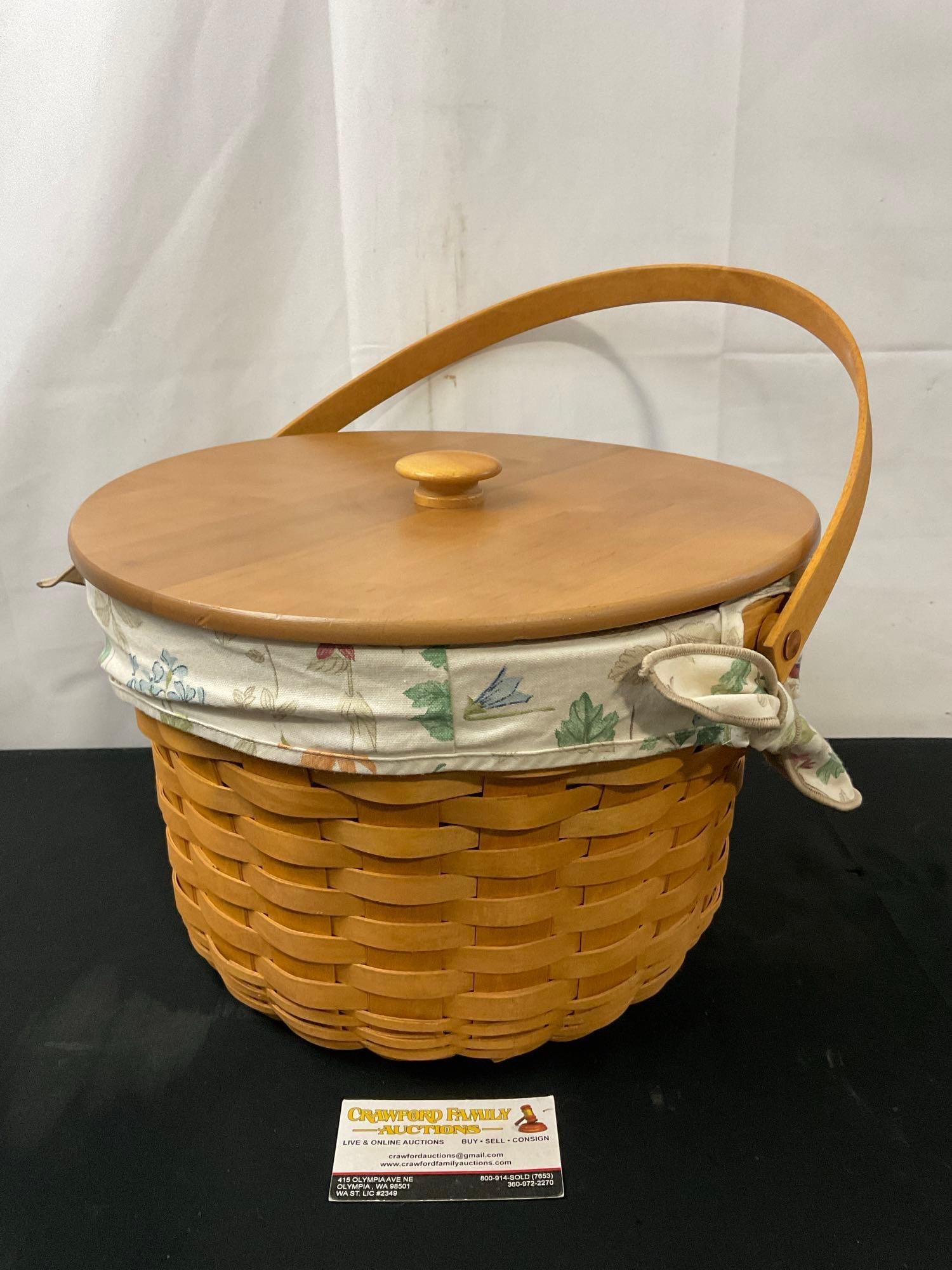 2005 Longaberger Basket, Round w/ Lid and Handle, Floral fabric & plastic lining (1 of 5)