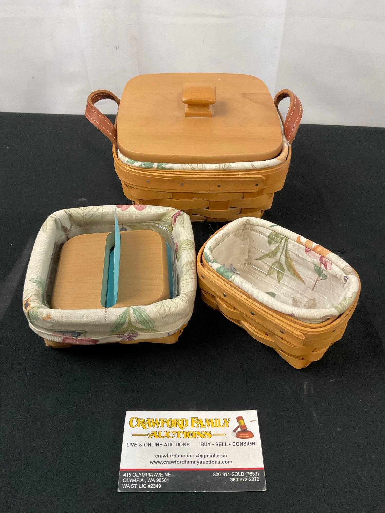 Trio of Signed Longaberger Baskets, Lidded square piece, Post It Note Holder & Small piece (1 of 6)