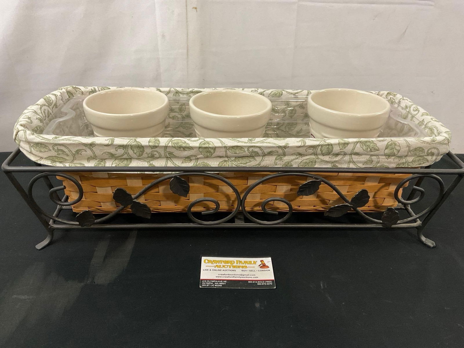 Vintage Longaberger Basket Planter & 3 Pots & Saucers w/ Wrought Iron Stand 21.5 inches wide (1 of 6)