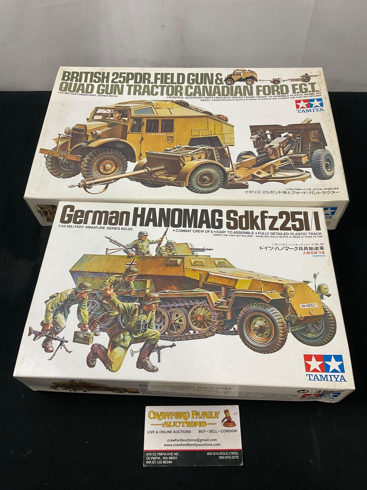 Pair of Tamiya Model Kits, Hanomag Sd.kfz 251/1 & 25PDr. Field Gun & Quad Gun Tractor, 1/35 Scale: Appears to be in good shape. The boxes are mostly open, cannot verify 100% of the pieces are included, sold as is. See pics. E-2960