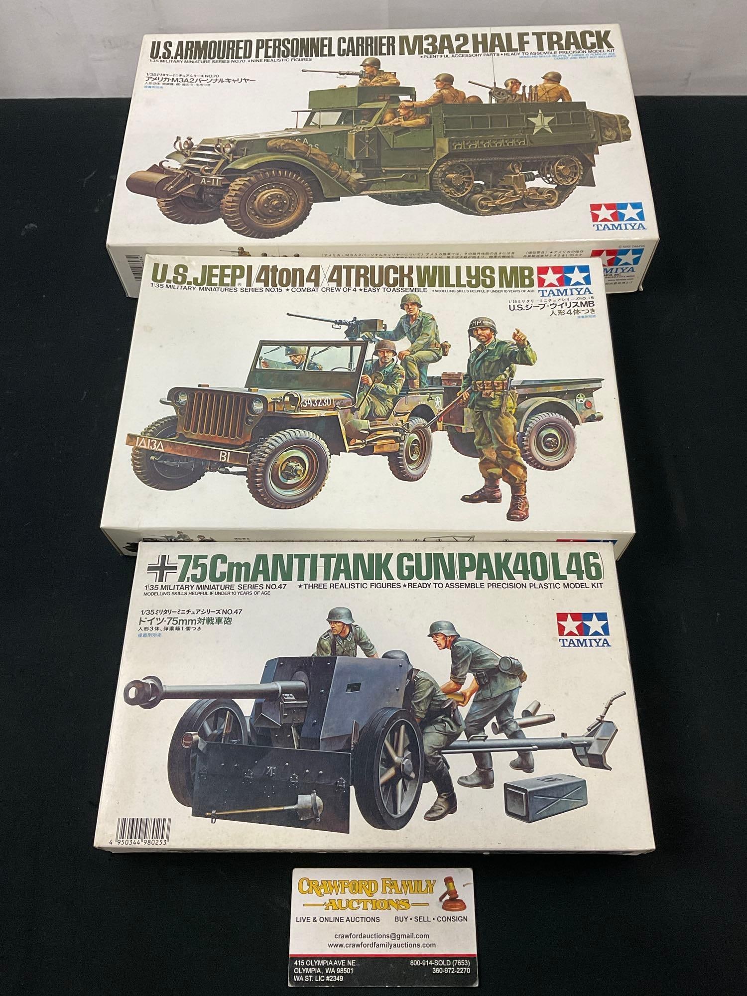 3x Tamiya Military Vehicle Model Kits, M3A2 Half Track & US Jeep 1/4 Ton & PAK40 Anti Tank Gun: Appears to be in good shape. The boxes are mostly open, cannot verify 100% of the pieces are included, sold as is. See pics. E-2960
