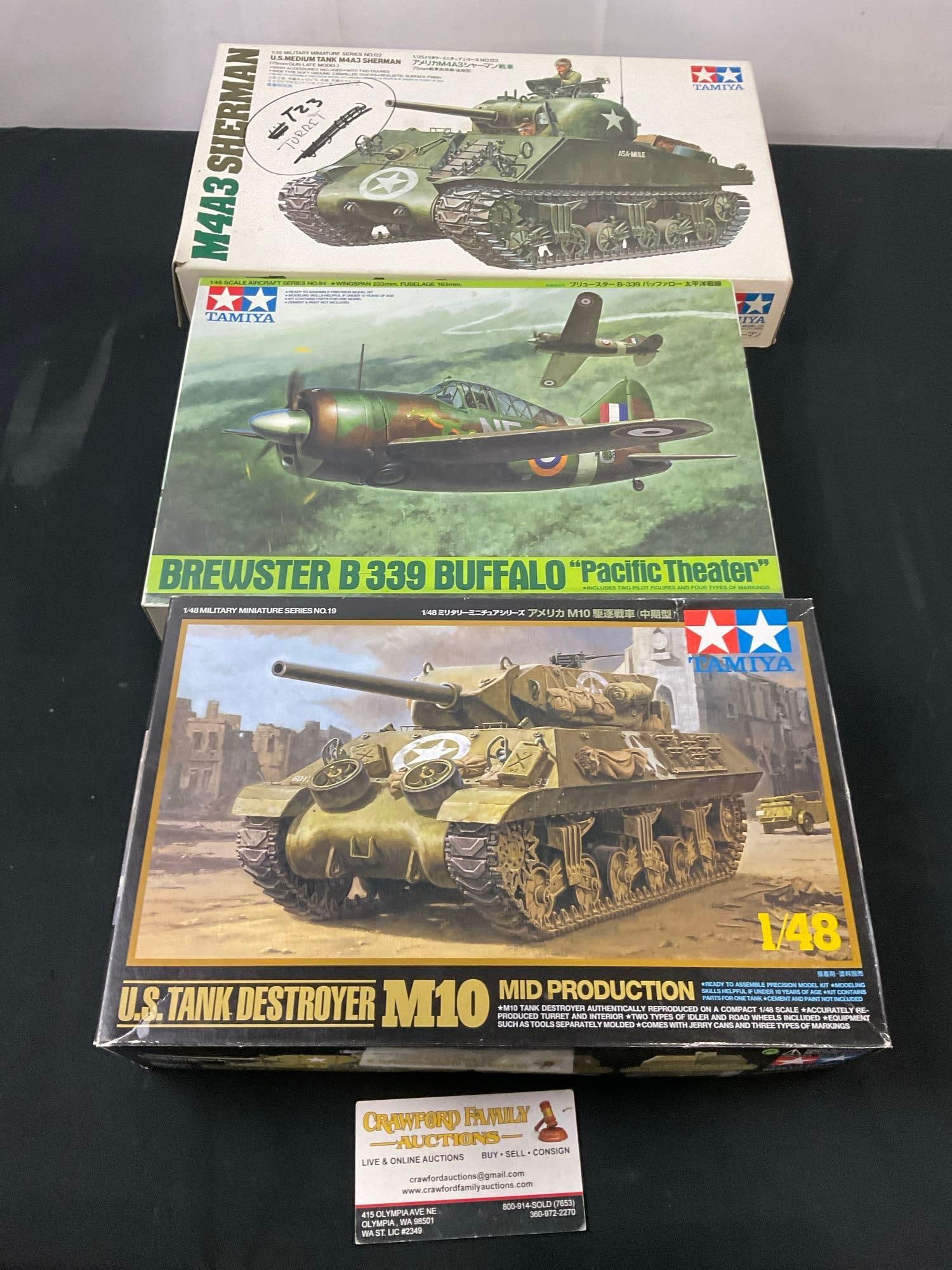 3x Tamiya Model Kits, M4A3 Sherman, Brewster B339 Buffalo & US Tank Destroyer M10 (1 of 4)