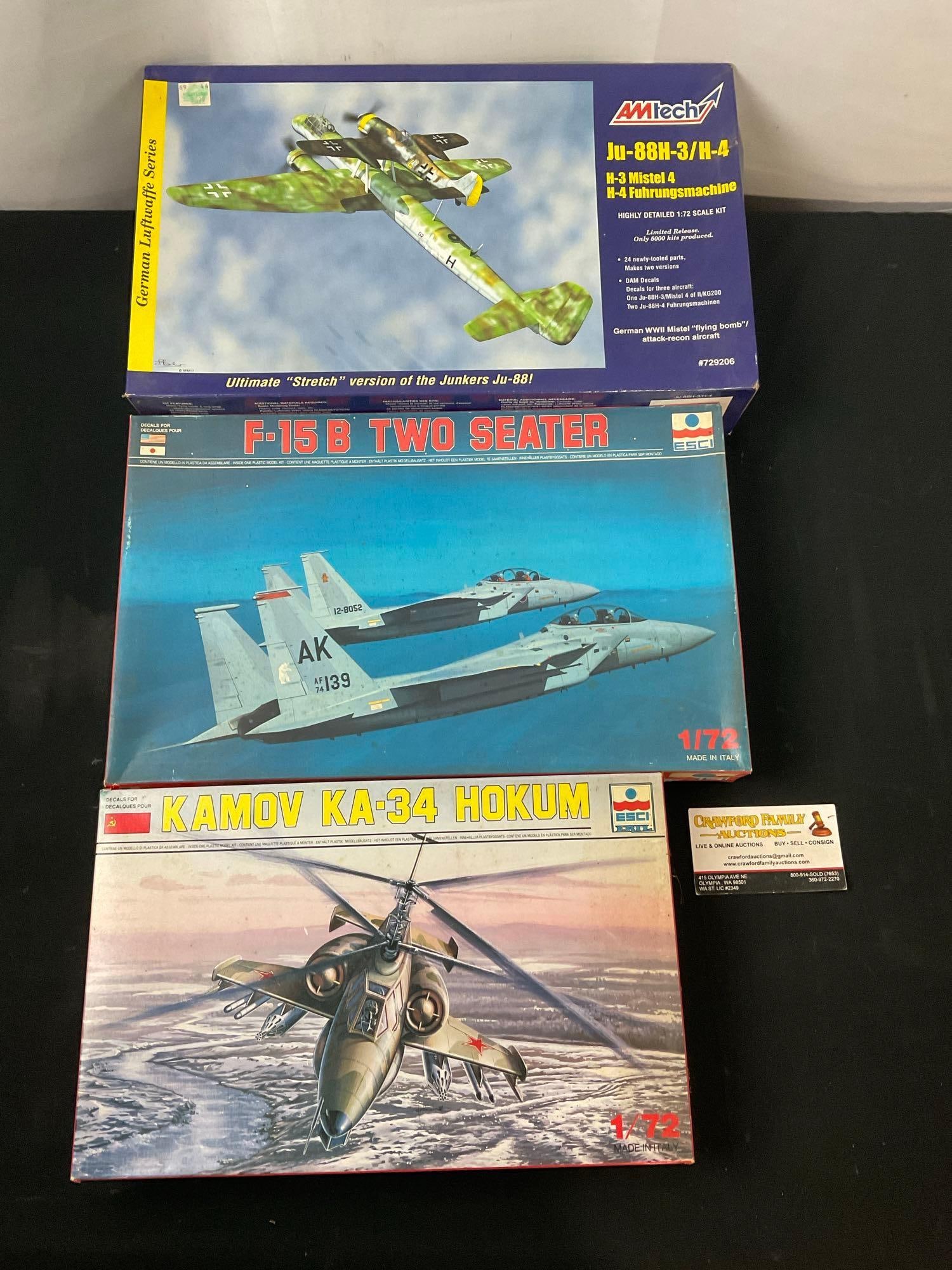 Trio of Plane model kits, Amtech Ju-88H-3/H-4 & ESCI F-15B & Kamov KA-34 Hokum: Appears to be in good shape. The boxes are mostly open, cannot verify 100% of the pieces are included, sold as is. See pics. E-2960