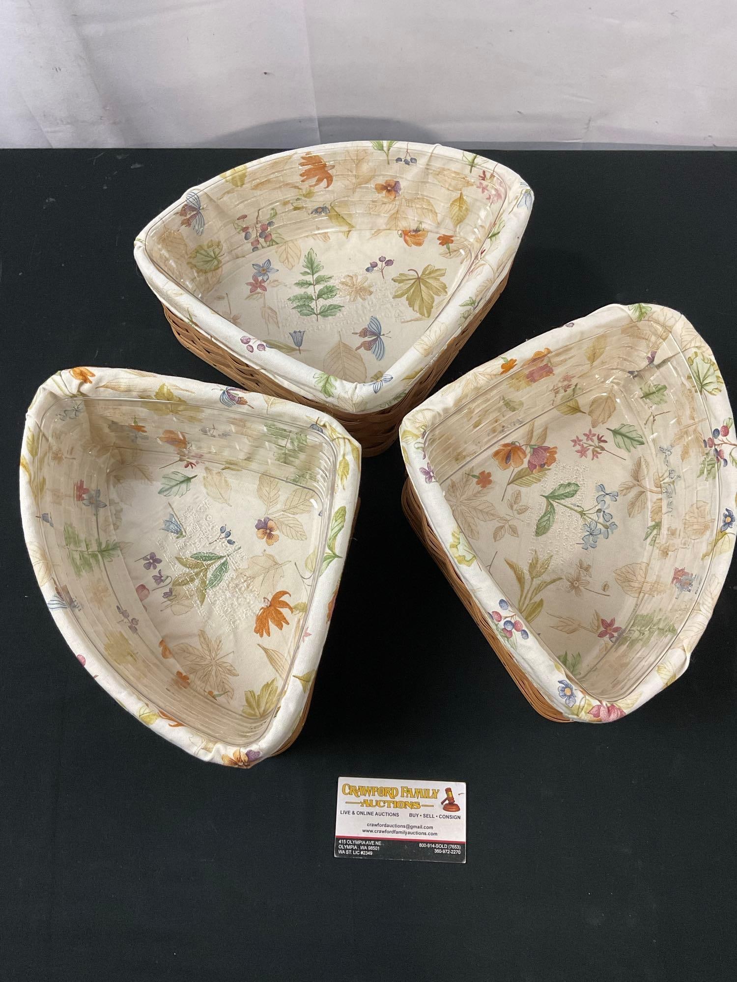 Three Triangular Signed Longaberger Baskets, Lined w/ Floral Cloth & Plastic (1 of 4)