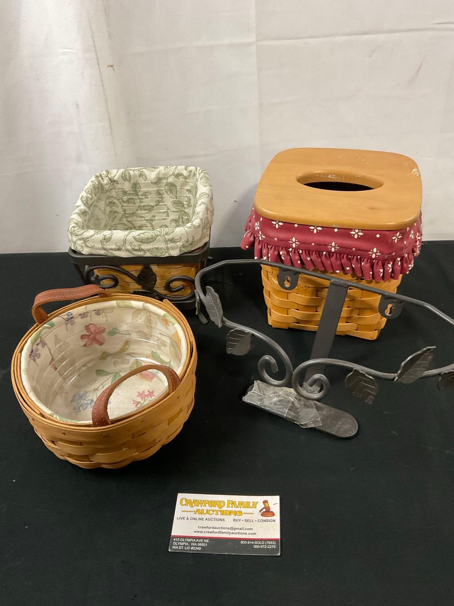 4x Longaberger Pieces, Iron Frame, 3x Signed Baskets, Planter w/ Frame, Tissue Basket, handled pi... (1 of 4)