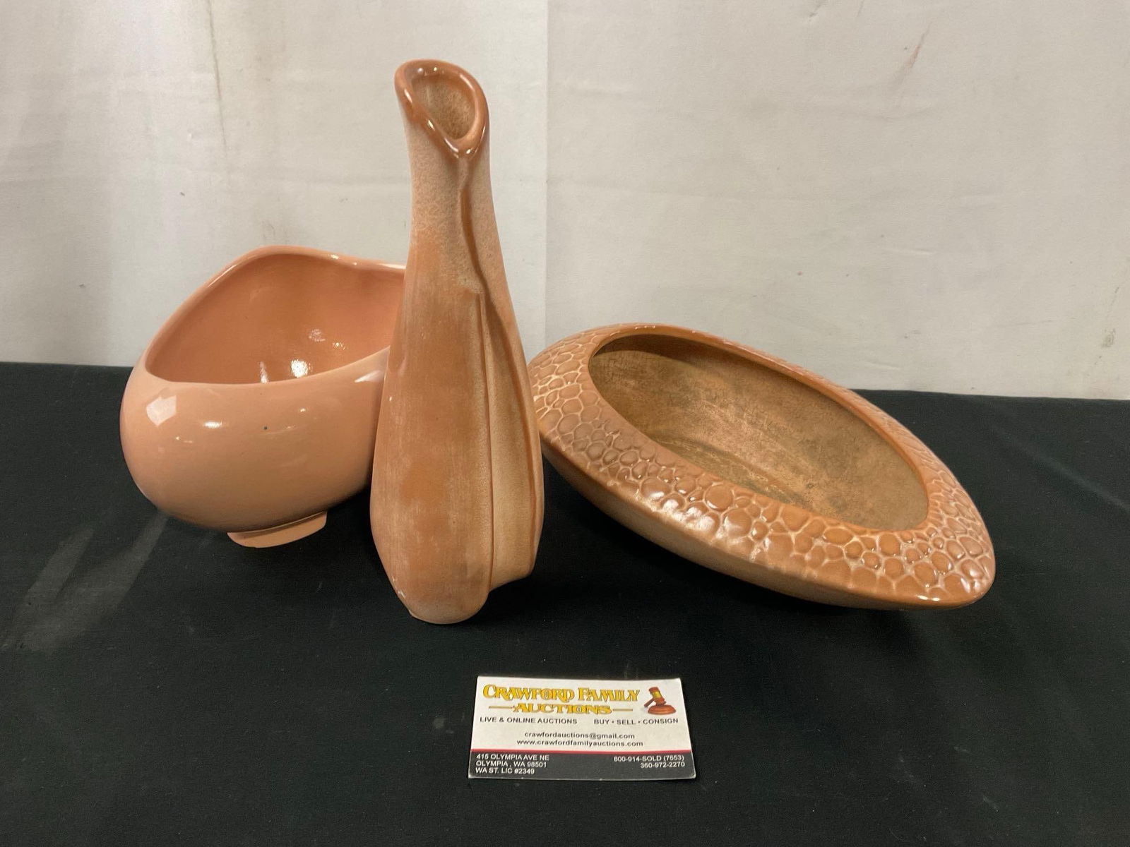 3 Vintage Frankoma Pottery Pieces, #s 46, 231A, & 234, Bud Vase & Pair of Planters, peach in color (1 of 6)