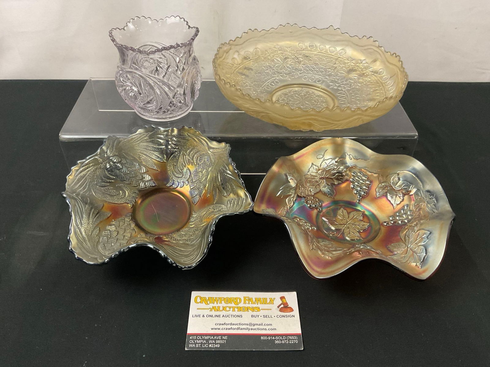 Pair of Frilled Carnival Glass Dishes, Yellow Depression Bowl & Pressed Glass Vase (1 of 3)