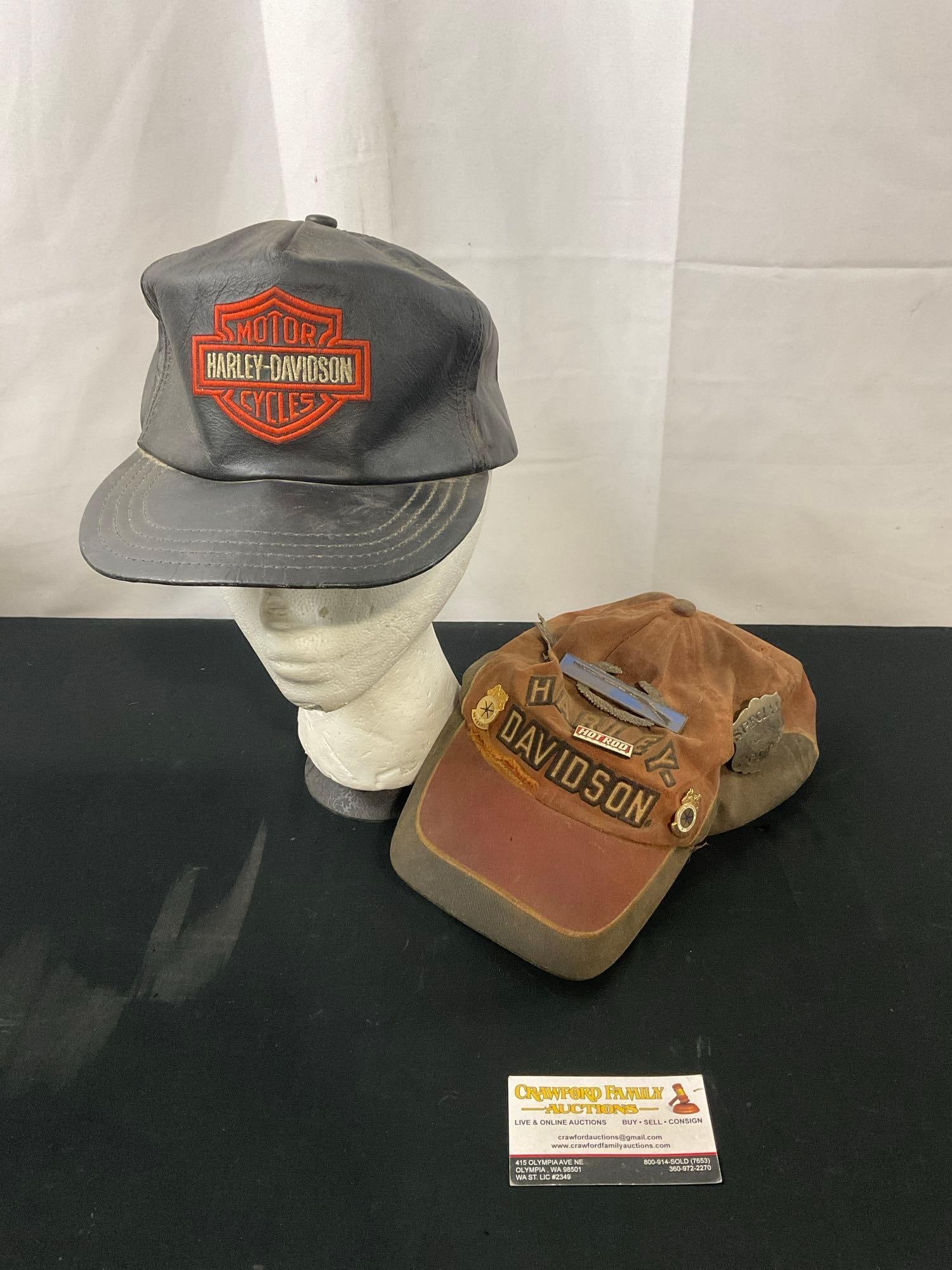 2x Vintage Harley Davidson Hats, 1x Leather & 1 w/ Several Pins, incl. Teamsters, Hot Rod & more (1 of 6)