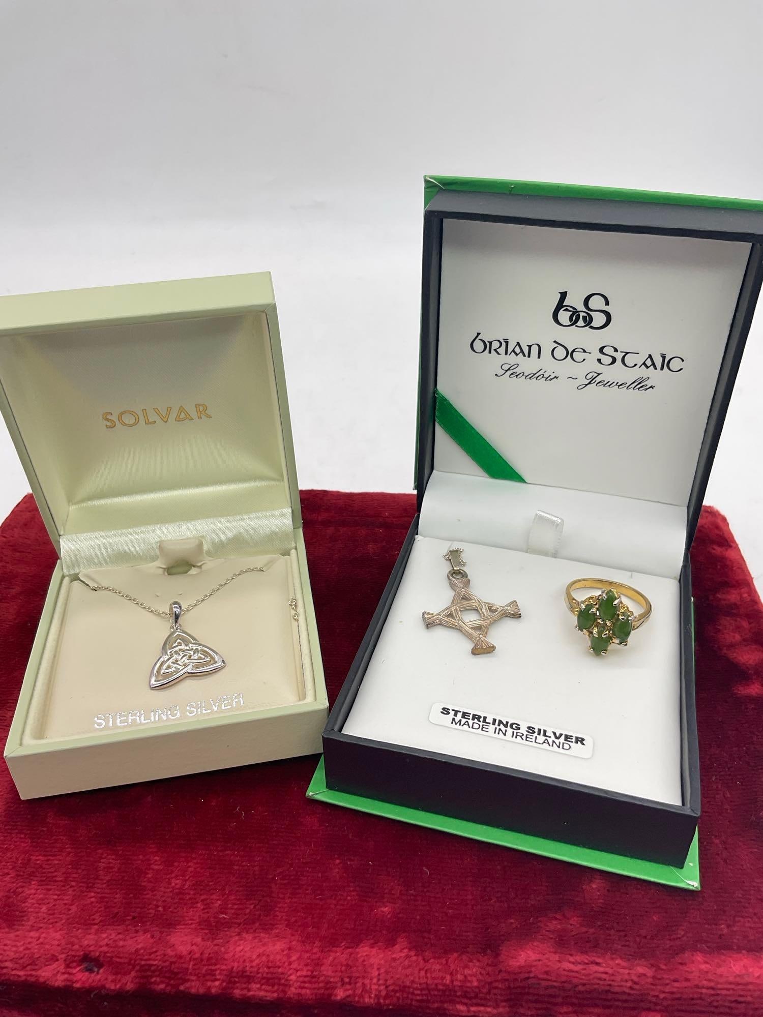 High Quality Irish Sterling Jewelry, Brian De Staic Necklace & Solvar Trinity Necklace + GP SS Ring: SC-2720 The ring is Vermile ( GP) Sterling silver with what appears to be oval jade settings , Size 6.5