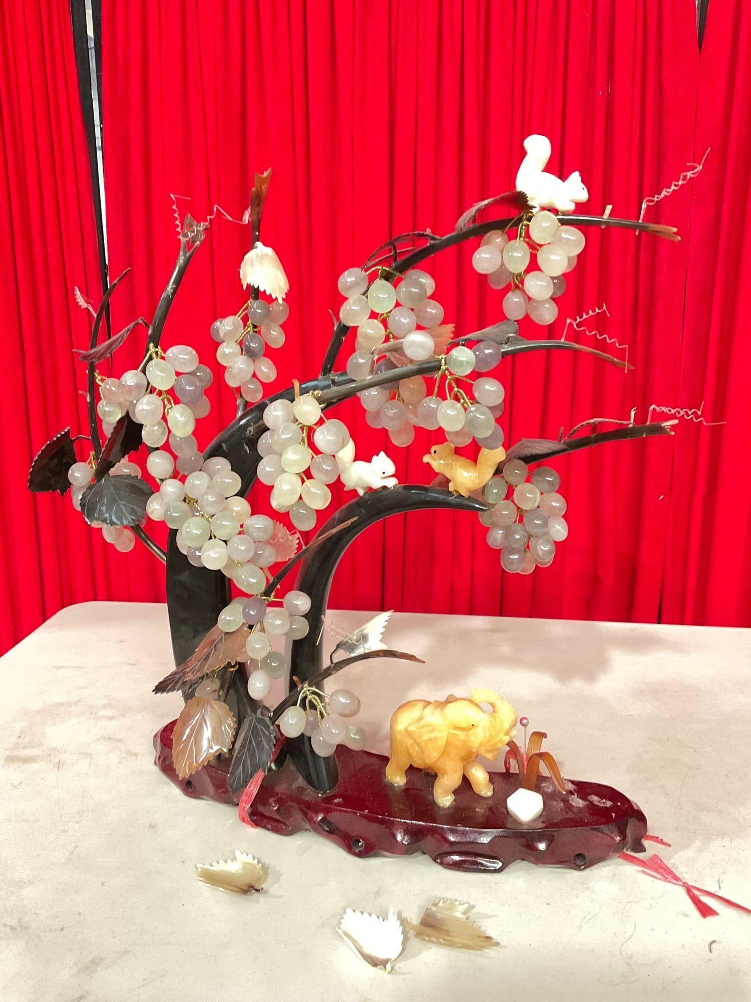 Gorgeous Modern Chinese Soapstone & Quartz Grape Tree Display w/ Elephant & Squirrels - See pics: On beautiful Rosewood wood base. In fair to good condition. Some leaves are broken off aswell as missing a few other pieces. Lovely piece. Measures 24"x22"x8". T-2960
