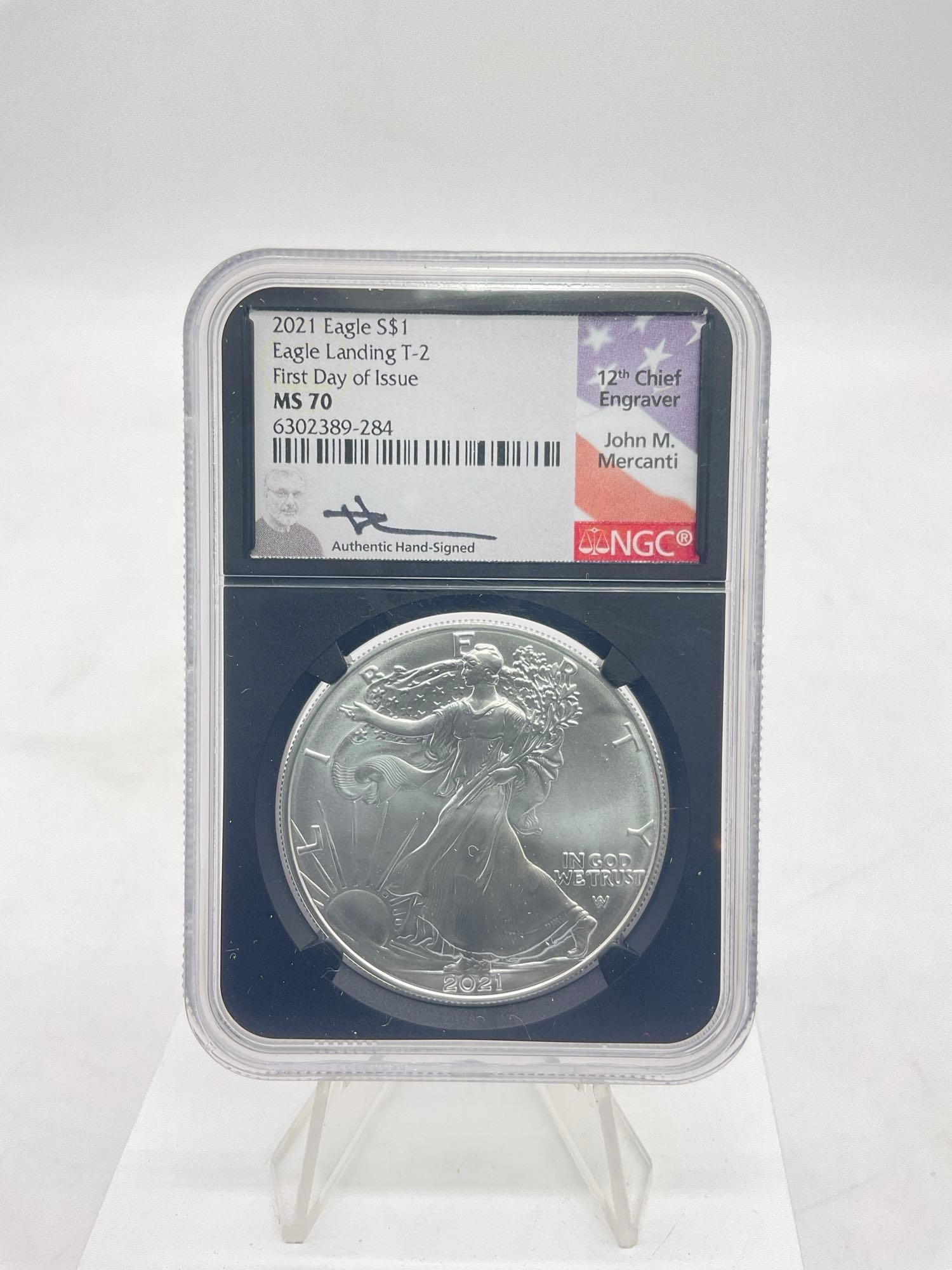Rare 2021 NGC MS 70 First day Issue T-1 Silver Eagle Signed by 12th Chief Engraver John M Mercanti (1 of 4)