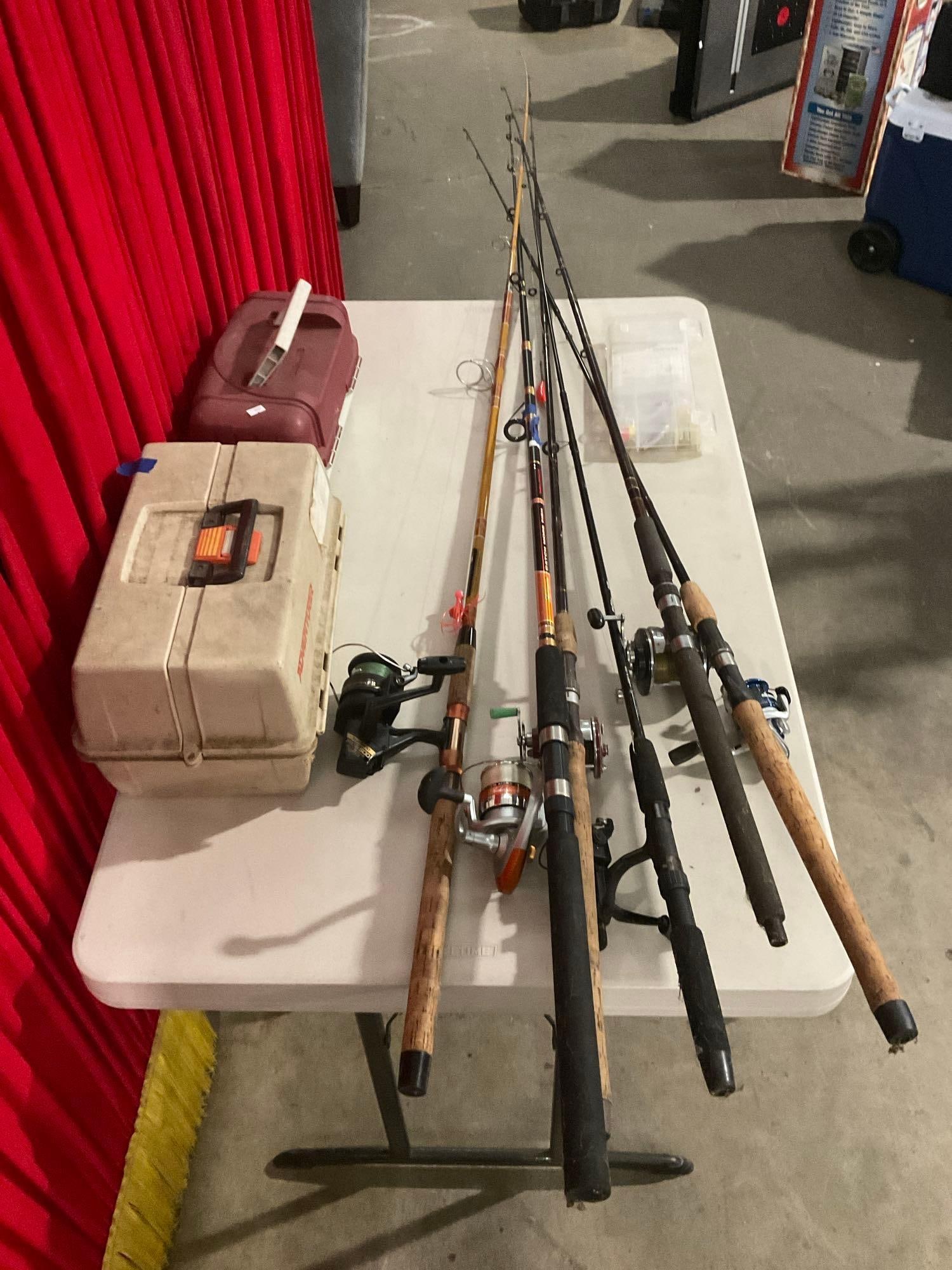Collection of 6 Fishing rods w/ reels - & 2 Tackle Boxes w/ Weights, Baits, & Rig Setups (1 of 8)