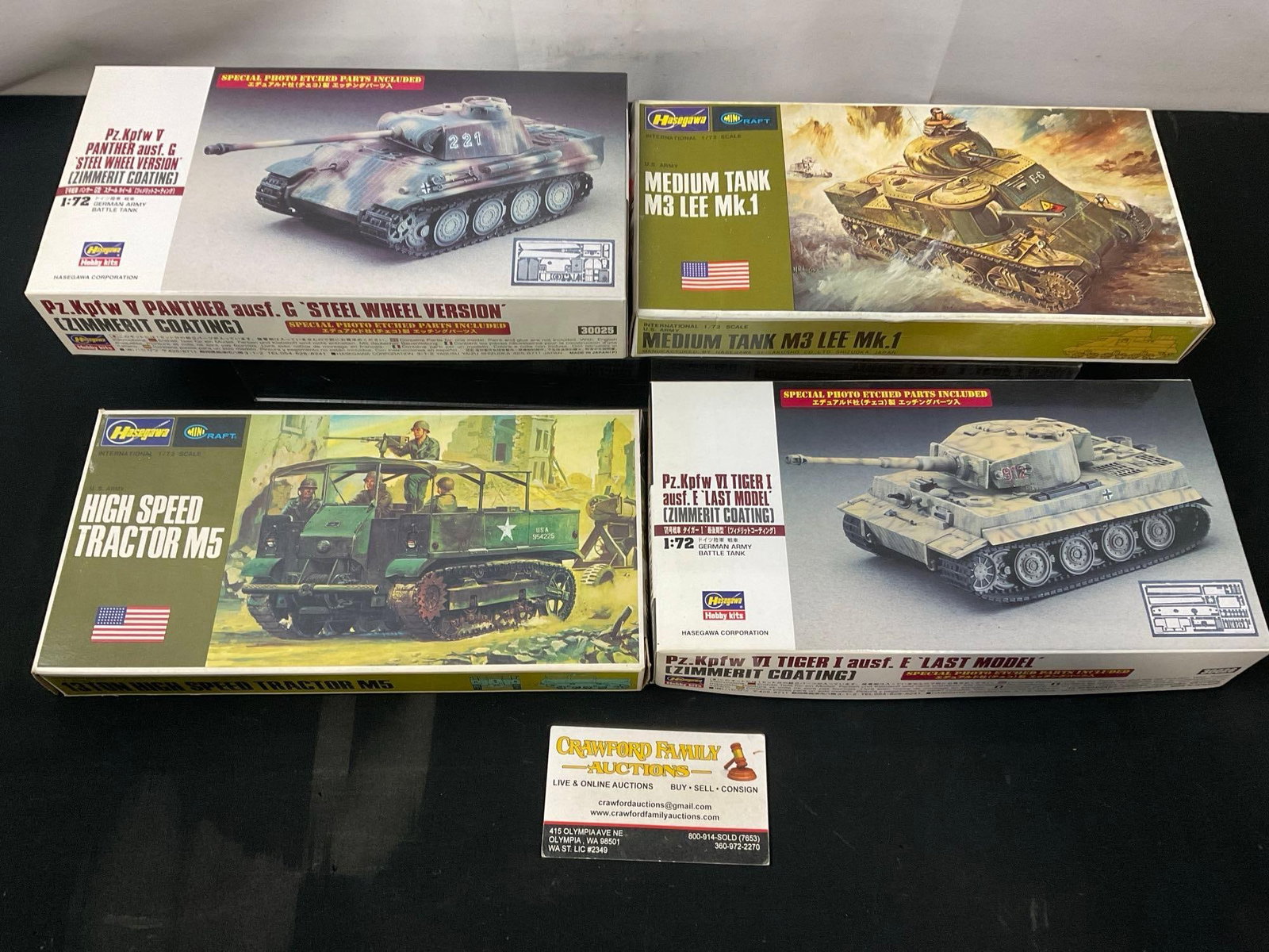 4x Hasegawa Model Kits, Tractor M5, M3 Lee Mk.1 Tank, Pz.Kpfw V Panther & Pz.Kpfw VI Tiger I: Appears to be in fair to good shape, the boxes have been opened, cannot verify if all pieces are included. Sold as is. See pics. E-2960