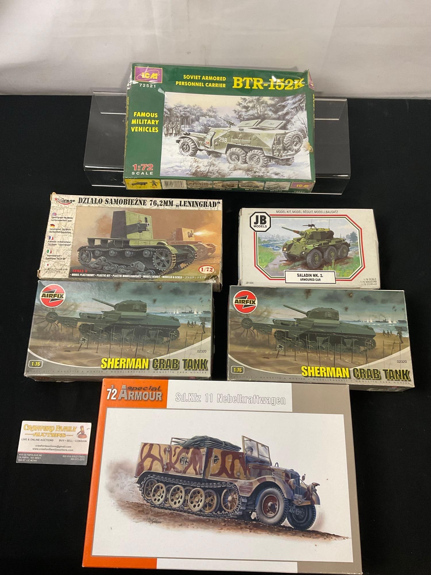 6x Model Kits, BTR-152K, 2x Sherman Crab Tanks, Sd.Kfz 11, Saladin MK.2, Self Propelled Leningrad: Appears to be in fair to good shape, the boxes have been opened, cannot verify if all pieces are included. Sold as is. See pics. E-2960