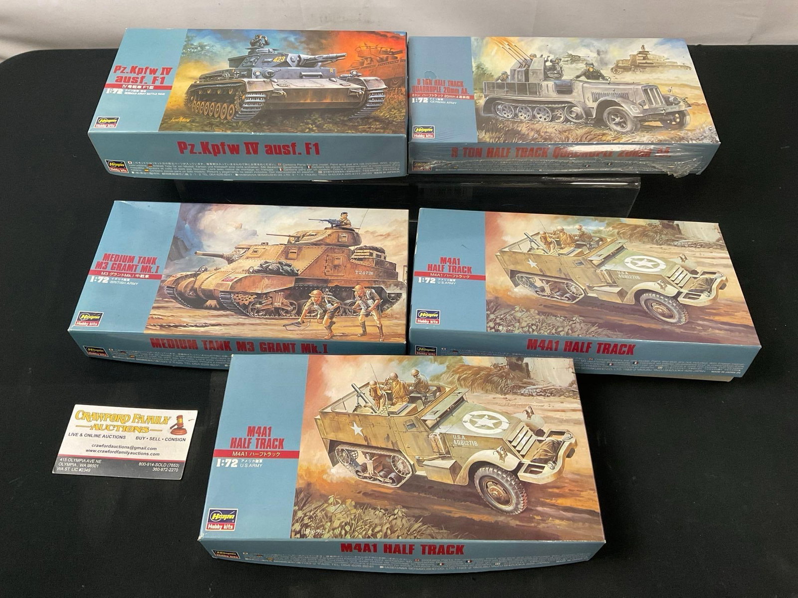 5x Hasegawa Model Kits, 2x M4A1 Half Tracks, M3 Grant Mk.1, 8 Ton Half Track & Pz. Kpfw IV ausf. F1: Appears to be in fair to good shape, the boxes have been opened, cannot verify if all pieces are included. Sold as is. See pics. E-2960