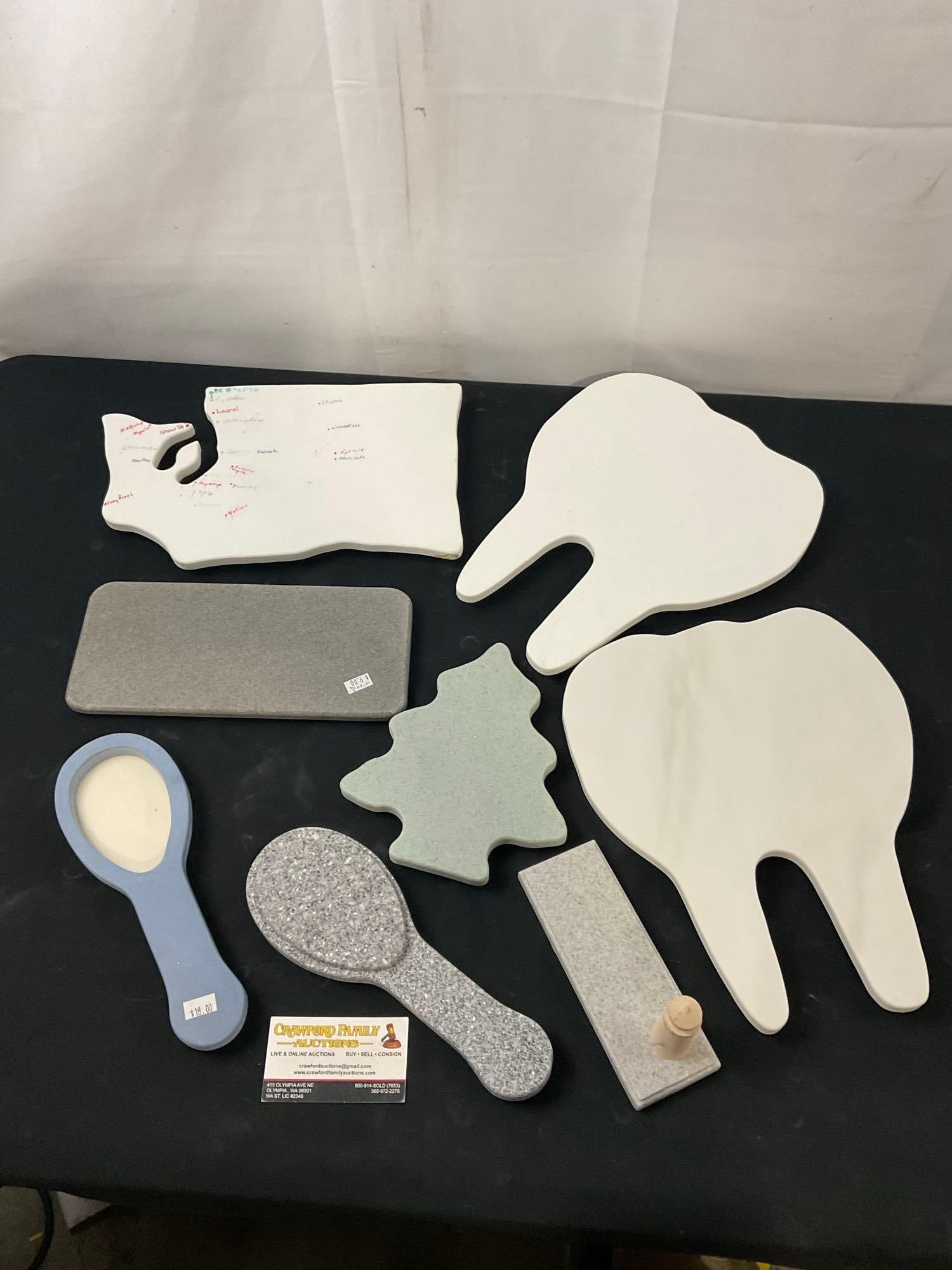 8 Cutting / Cheese Boards, Handcrafted from Corian, Washington State, Tooth Shaped, Hairbrush & T...: Appears to be in good shape, all made of Corian manufactured material by Dupont. Handcrafted by a local artist. The tooth pieces measure approx 12h x 10w inches. See pics. E-2750