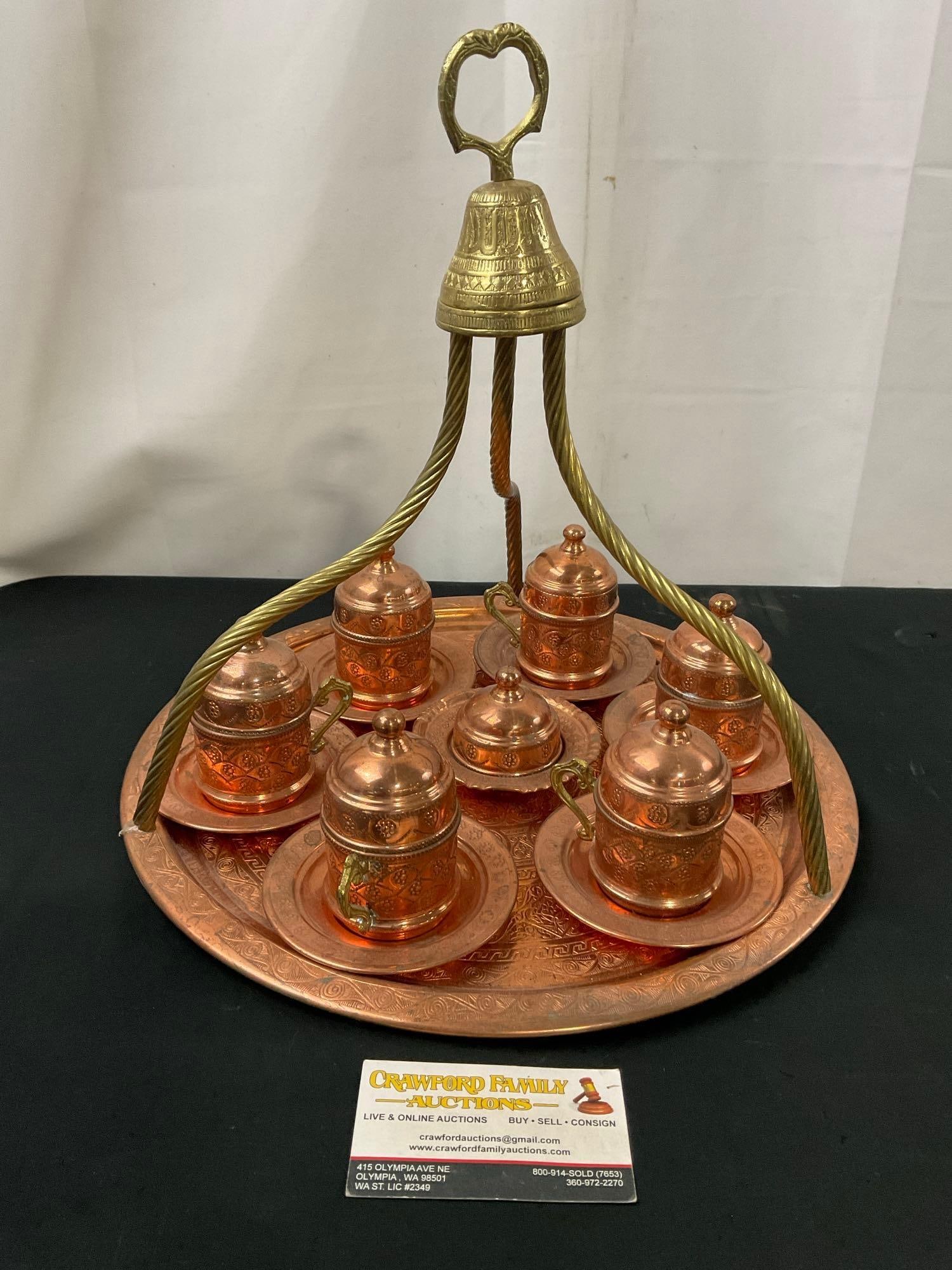 Turkish Copper Coffee Set, 6 Cups & Saucers, w/ sugar container, Brass/Copper Holder (1 of 9)