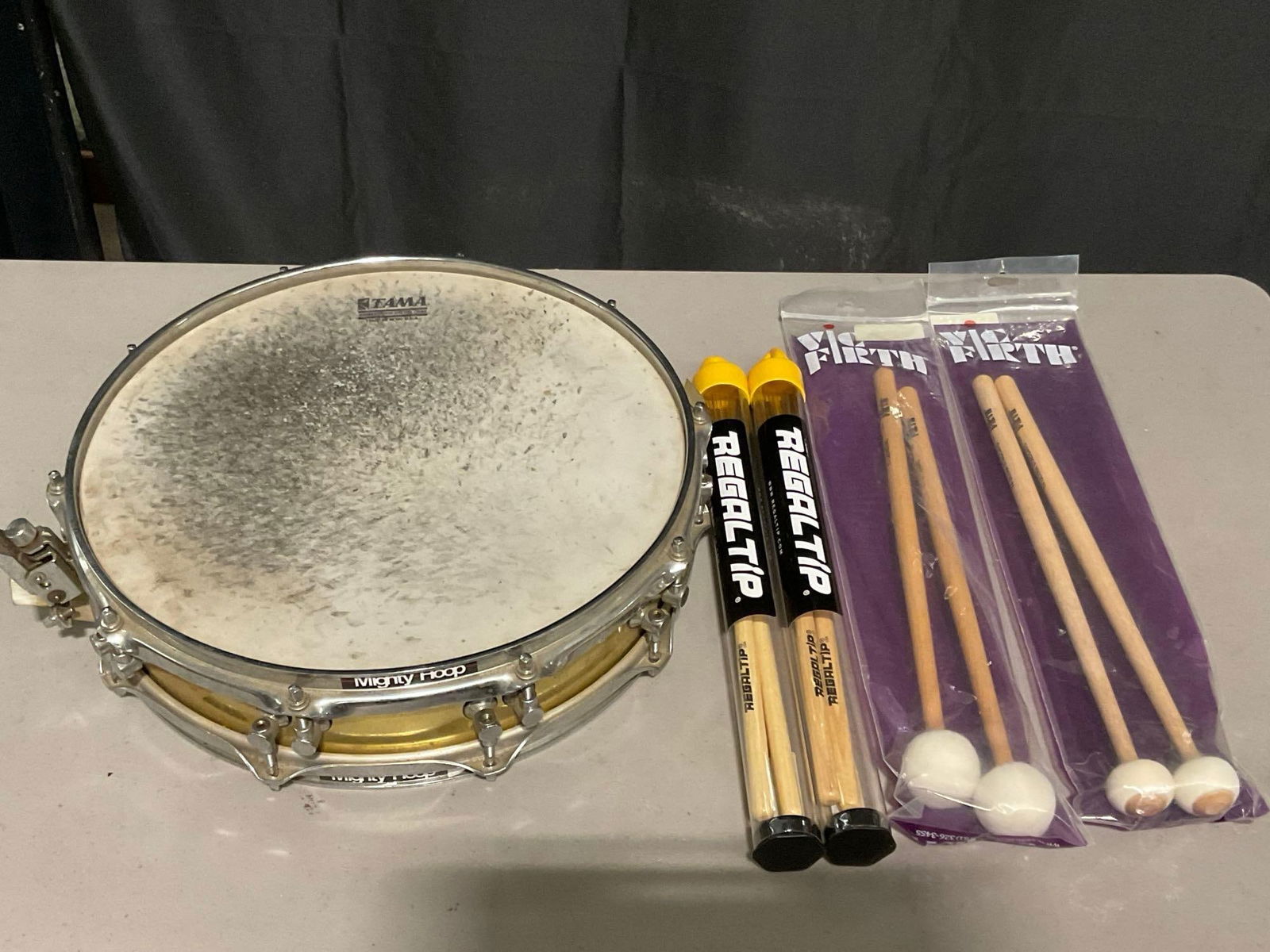 Tama Brass Piccolo 14 inch Snare Drum & Drumsticks, 2 pairs of Regal Tips & Pair of Vic Firth Softs (1 of 5)